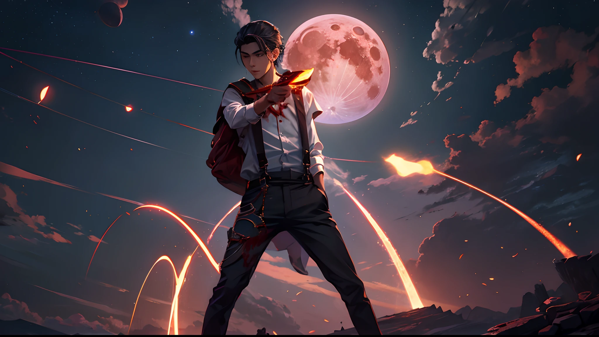 Blood Moon，meteors，As estrelas，Boy student，dark cloude，middle parted hairstyle，Suspenders
