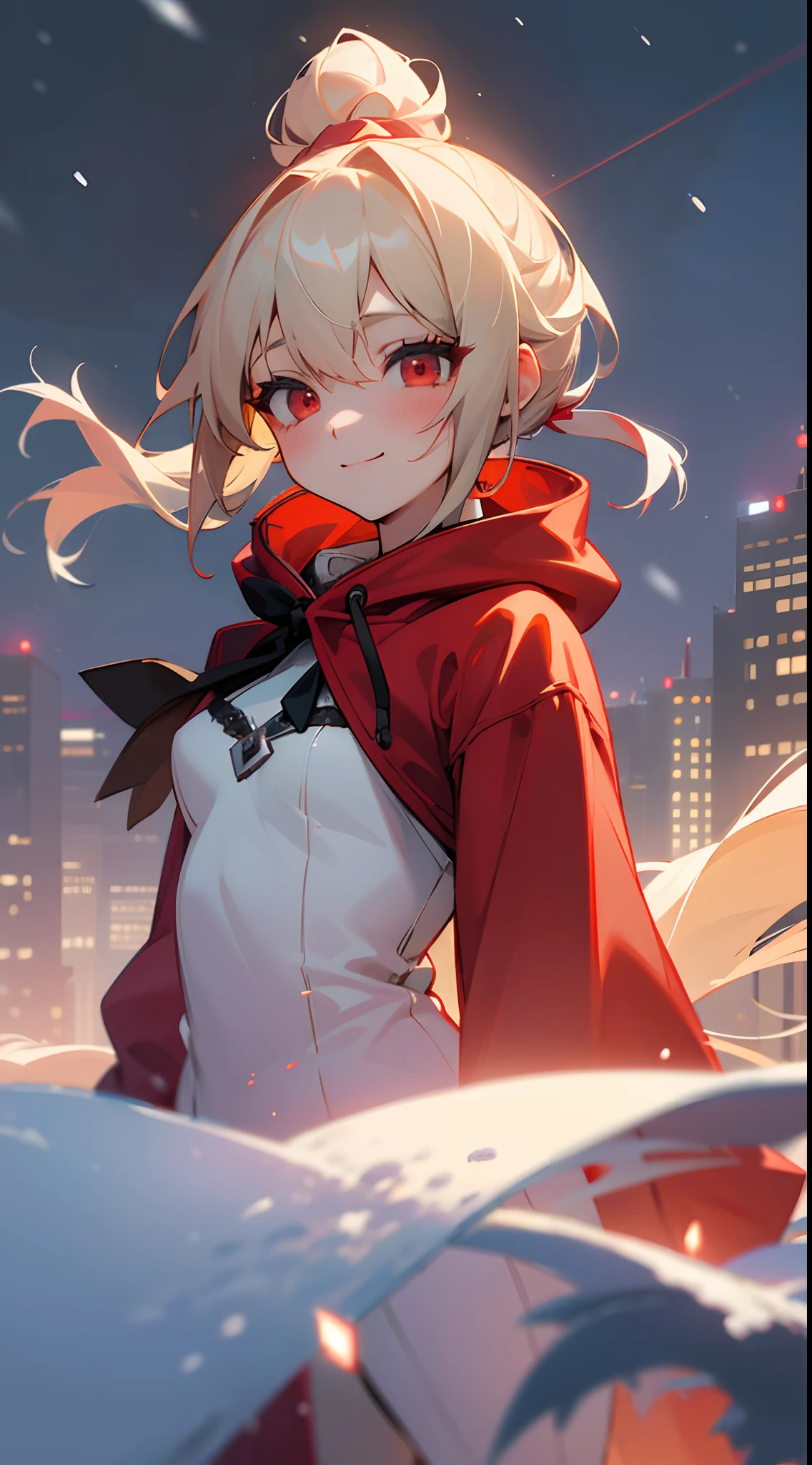 1girl in,a blond、Pony tail、Red Eyes、small tits,A smile、Laugh、Wearing a red hoodie,city,winter snow,Night,absurderes,hight resolution, ultrasharp, 8K, masutepiece, Looking at Viewer, Fantasy, Magical, Snow-covered rooftop, Frozen breath rises, Glowing streetlights, Ethereal Atmosphere, Dreams, quiet street, Distant city skyline, Fluffy and snowy, Intricate details of the girl's face and outfit, Delicate snowflakes on her eyelashes, mysterious expression, seductive beauty, a captivating gaze, Snowy trees々, Blurry lights in the background, Bright red contrasting with snow-white snow, captivating scene, Evoke a sense of wonder and magic.