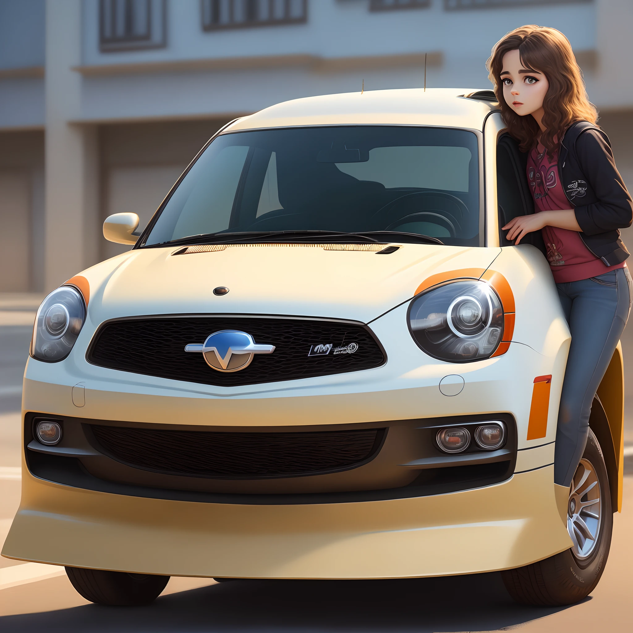 Uma pessoa na frente do seu carro estilo Pixar ,pensando no sonhos e futuro