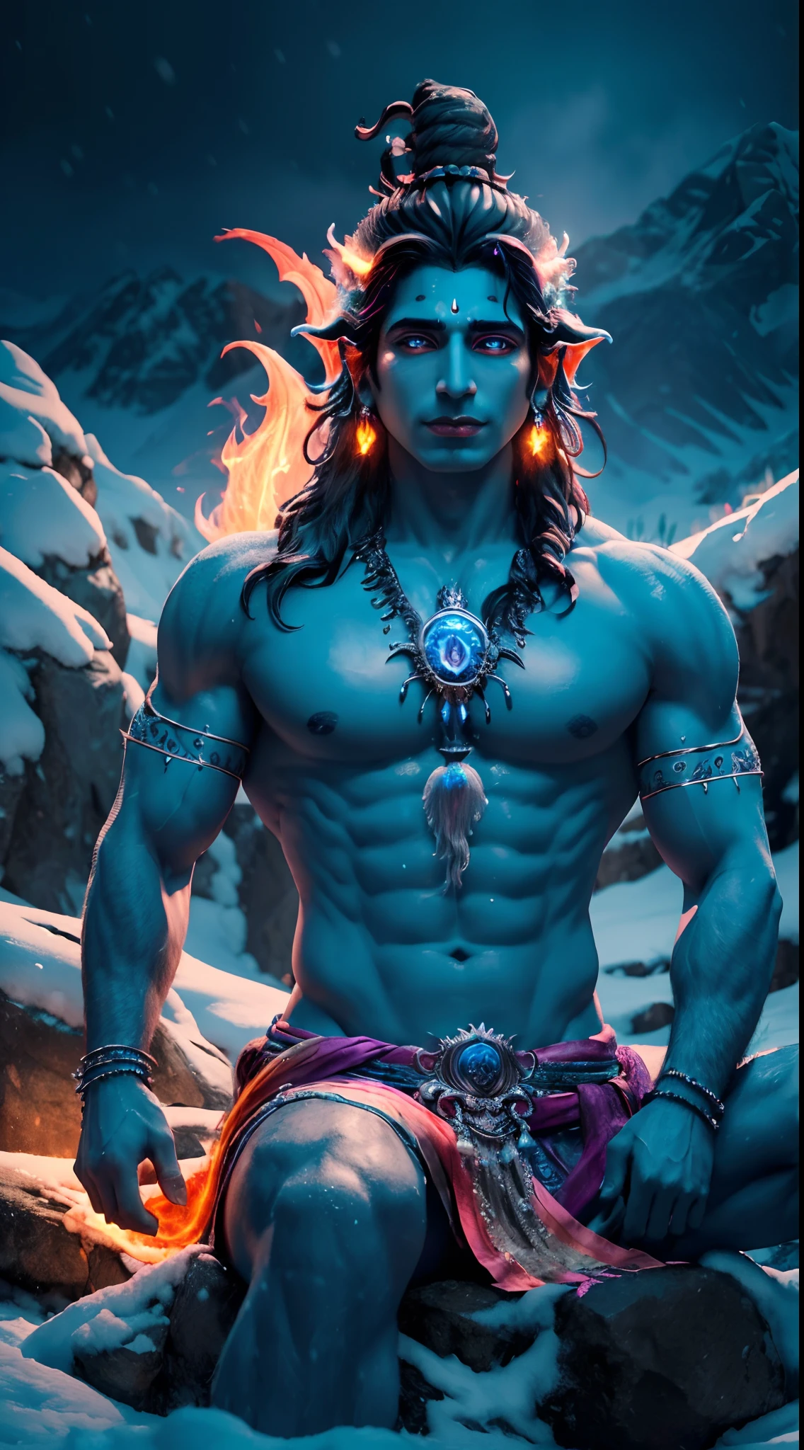 ((masterpiece)), ((8k resolution)), ((Lord shiva)), (((4k))), ((((highly detailed)))), strong, aura, glow, neon, fire, crystals, in snowy mountains