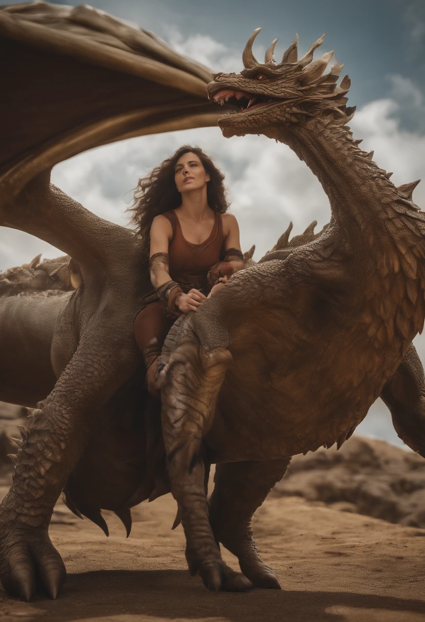 A hot naked girl standing on the mountain and she is doing sex with a dragon.