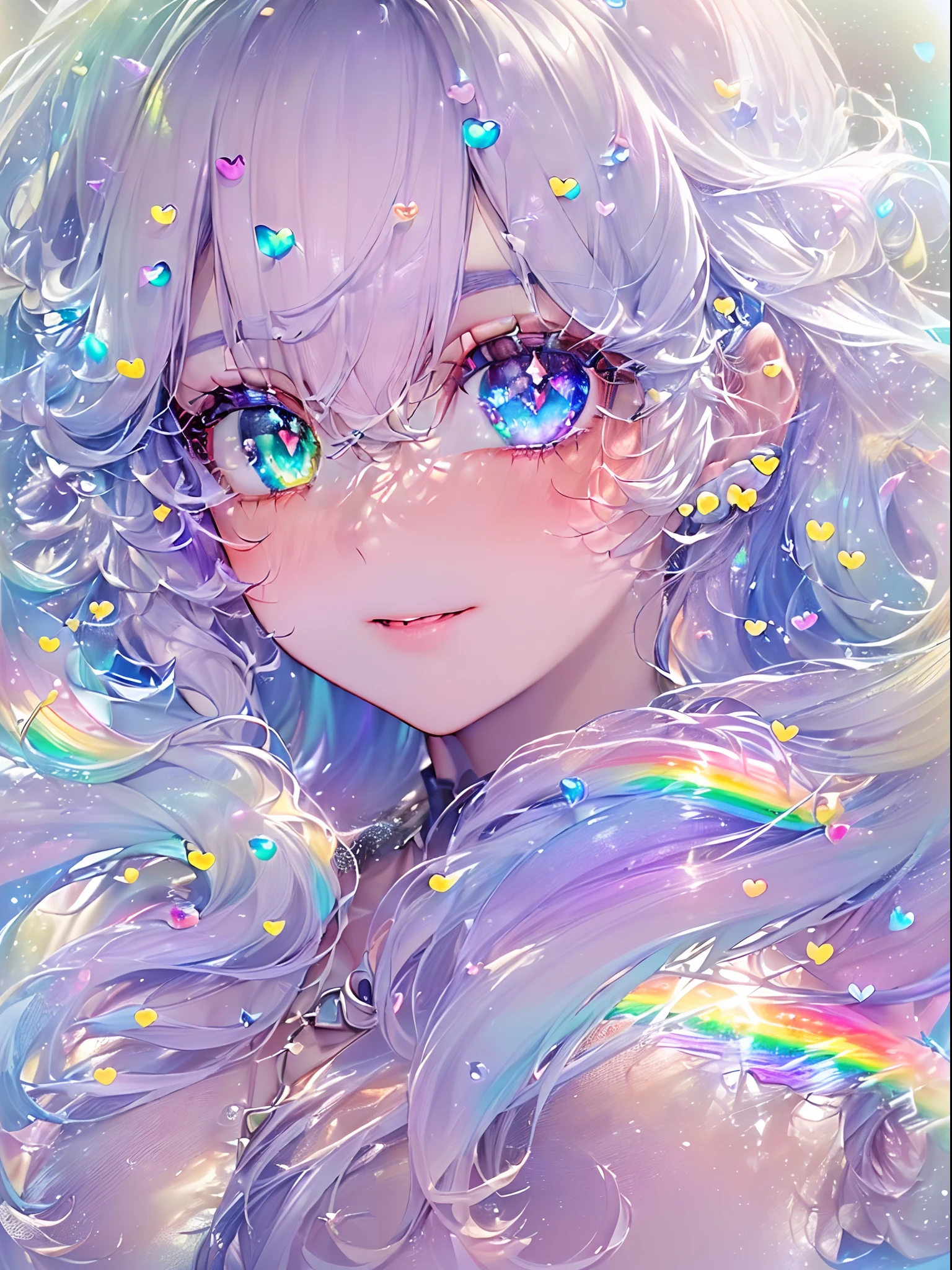 ((2 girls in)),{{{Chibi:1.5}}},Light focus , (Warm light gradient:1.5,Bright light gradient :1.5, Lens Flare:1.5 , Fluffy glitter :1.5), Glow , Dreamy ,((blue-sky:1.5, morning:1.5)),(((Fluffy background:1.5)))、(((Big sun on background:1.5,suns:1.5)))G,False illusion, Colorful, girl、(((Light color background:1.5,Psychic in the background:1.5,Countless souls in the background:1.75))),((extremely detailed eye:1.5)),{{{Ultra 8K resolution}}},((masutepiece, of the highest quality, Watercolor art (Pendants), Beautiful and aesthetic: 1.2)),{{hyper detailed masterpiece: 1.7}}, {{Cinematic lighting}},(The hair Transparency:1.5),(Light shades:1.5,tones,Big rainbow background in clear sky:1.5、ming:1.5,Cold reflection:1.5,The edges of the object are reflected by a rainbow:1.5) 、(Golden ratio: 1.2), (Full body: 1.2), (Super Detail: 1.3), (girl with: 1.3), (Fractal Art: 1.3), {{{Glitter Pupil:1.25}}}, ((rainbow-colored hair:1.2、colourful hair、Half blue and half pink hair:1.5,Shiny hair: 1.2)), (Heterochromia), (Colorful: 1.5), (((Shy face)), (full body Esbian), (Hyper-detailing), ((delicate detail)), (intricate-detail), ((Cinematic Light, Highest quality backlight)), High contrast, {{{The best lighting, Very delicate and beautiful}}}, (( Cinematic Light)), (ray trace reflection, Glow), (((glowing aura)), {{{Glowing hair:1.25}}}, ((Super Detail)), (8K)), ((Seductive smile)) ,((high angle full body shot)),((Heart-shaped pupil:1.5)), (Full body:1.2),(look at viewr:1.2),(Dazzling light:1.5)、(a white world:1.5)、(association:1.5),{{ Stunning illustrations of amazing celestial objects}}、 beautiful detailed Glass hair, Seductive smile, Heart-shaped_Pupils, Beautifully detailed,