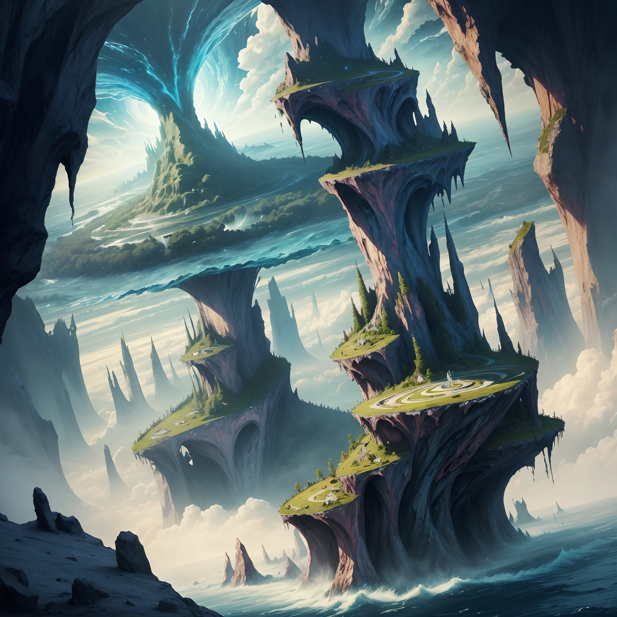 ((best quality)), ((masterpiece)), edge of chaos, (morphing reality:0.7), miraculous surreal landscape, floating islands, ethereal vortex, unbelievable fantastical creatures, masterpiece quality, mysteries of universe, whirlpool of energy, magical phenomenon, illusionary balance, ultra detailed, absurdres, composition, scale, perspective, scenery, light, color, texture, beauty, wonder, 8k, official art