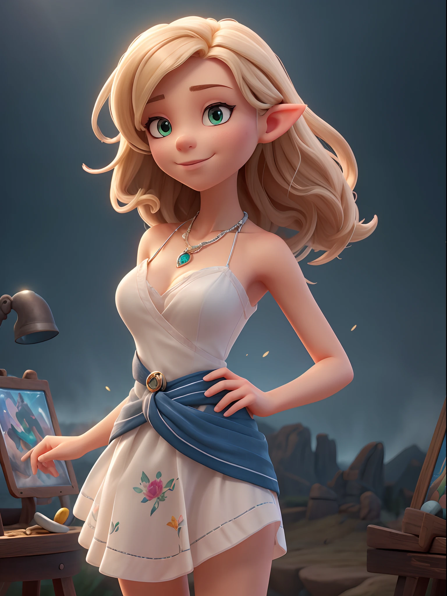 Shot of the female elf's waist, Intricate, Slender face, elegant, Wear a sapphire necklace, White light dress,With shoulder straps, facing camera, Highly detailed, Digital painting, art stations, concept-art, smooth, Sharp focus, illustration, art by artgerm and greg rutkowski and alphonse mucha, 8K, volume fog, full bloom, Light rays, lumen, Scenic view
