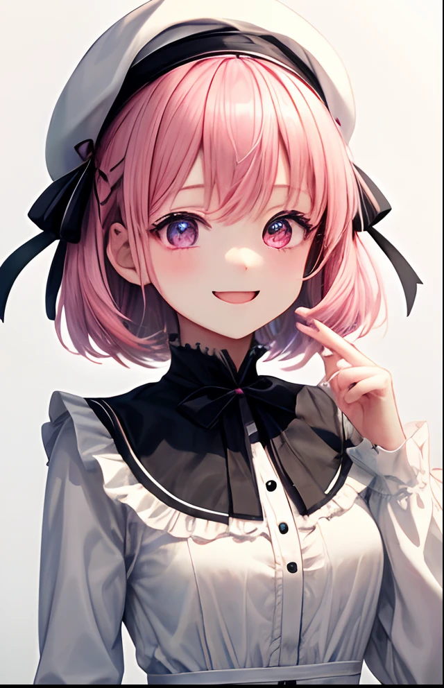 girl with、No background、Background white、Through the background、Pink hair、Pink hair、short-cut、Pink eyes、、highlight in eyes、White cap、White beret、frilld、Black and white long-sleeved dress、bow ribbon、kawaii、childish、animesque、Smiling、without background