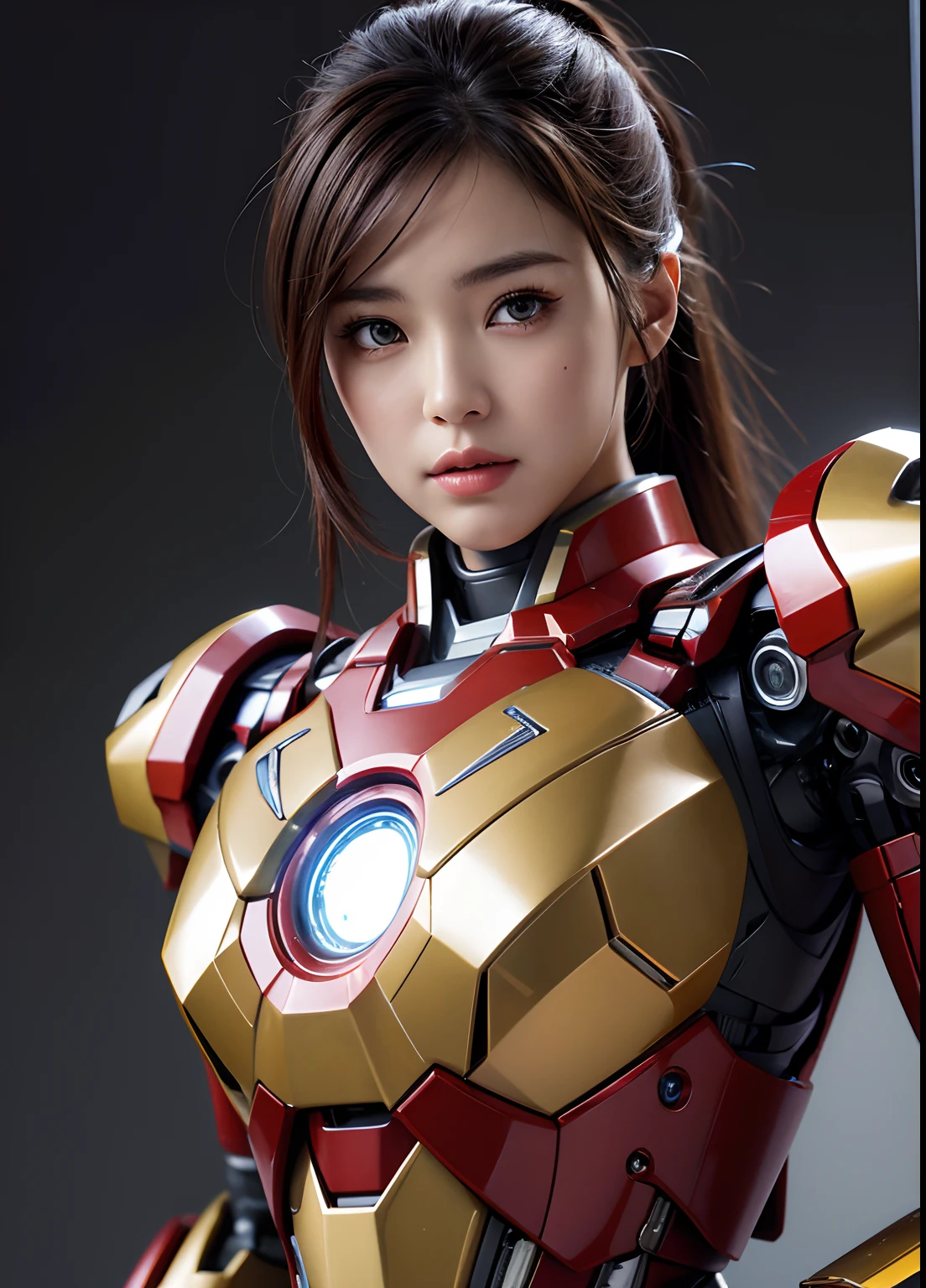 Textured skin, Super Detail, high details, High quality, Best Quality, hight resolution, 1080p, hard disk, Beautiful,(Iron Girl),beautiful cyborg woman,Mecha Cyborg Girl,Battle Mode,Girl with a Mecha Body,She wears an Iron Man mech,