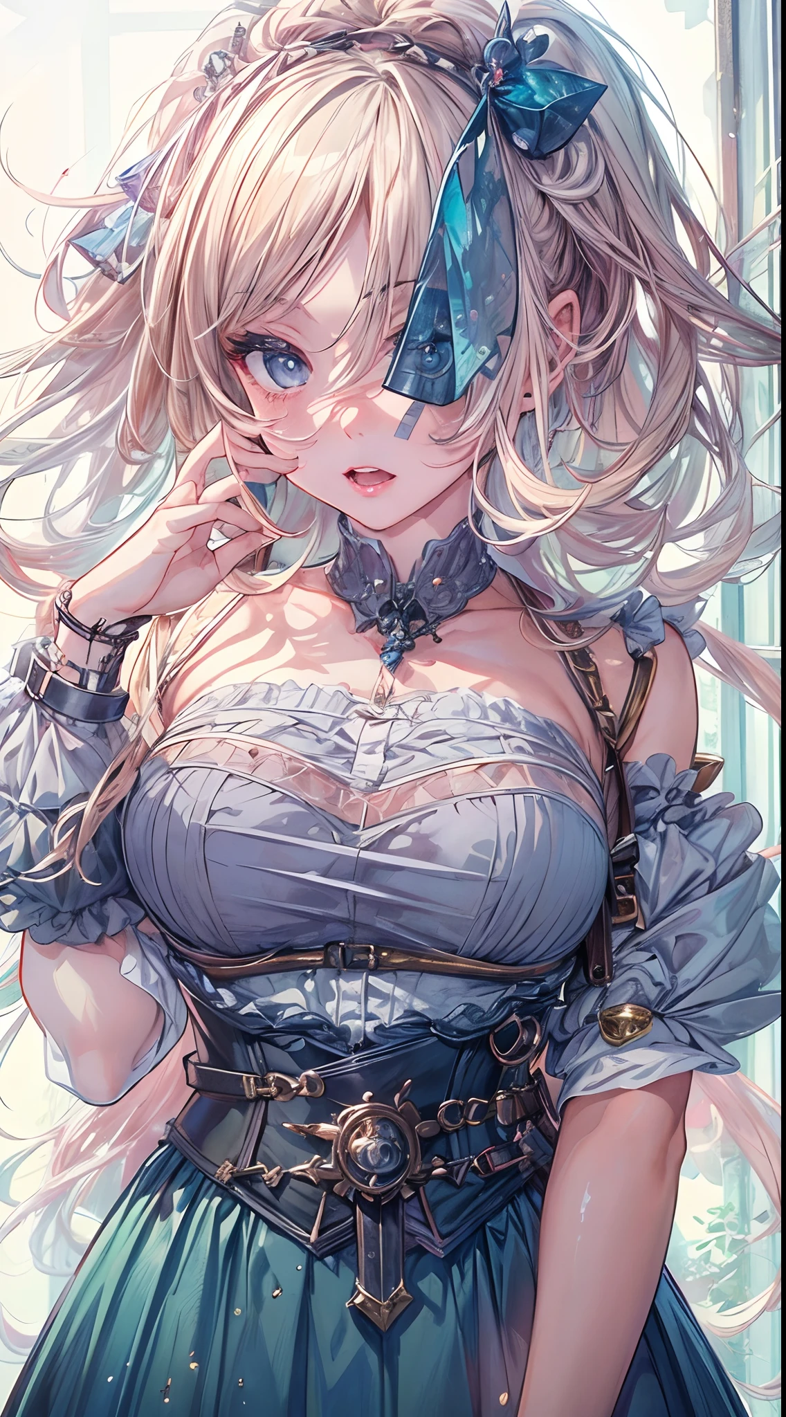 (((masterpiece)))、((top-quality))、(The ultra-detailliert)、(CG Illustration)、(Very Beautiful Little Girl))、Cinematic Light、((1 Mechanical Girl))、 scientific fiction、Apocalypse、Erotic grotesque、research institute(Beautiful and indulgent:1.2)、(1girl in:1.3)、Facing the front,a blond,Corset Belt,blue high waist skirt,