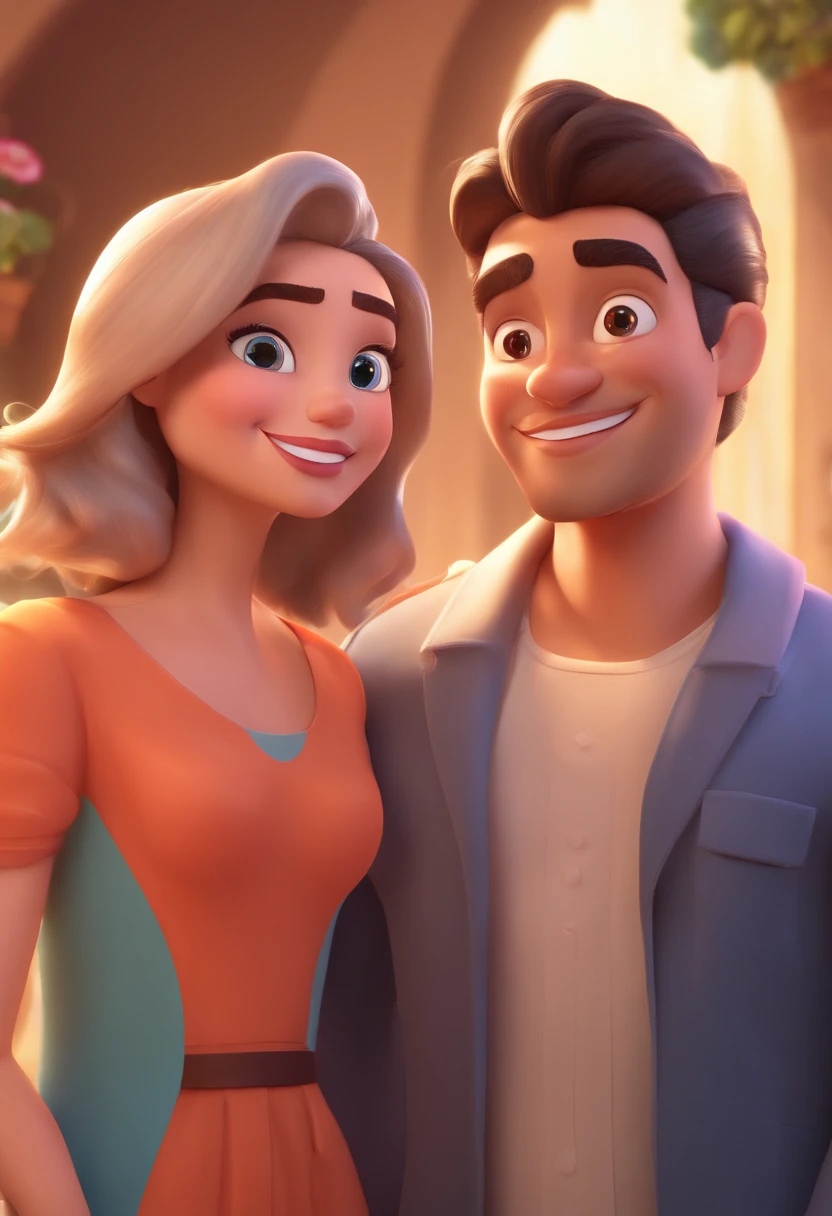 An illustration of an adorable couple, destacando um homem e uma mulher com bonito, Expressive eyes – the man's skin is black and the man's hair is bald and black, while the woman's skin is black and the woman's hair is curly and brown. They are a bright room, cada um com um sorriso no rosto, e compartilhar um momento especial caracterizado pelo amor, arroz, e insights educacionais. Illustrate this scene from a perspective where they are facing away from the camera, Showing Your Connection. Desenvolva esta arte em Full HD, Focus on your cinematic touch, Estilo Disney Pixar Animations