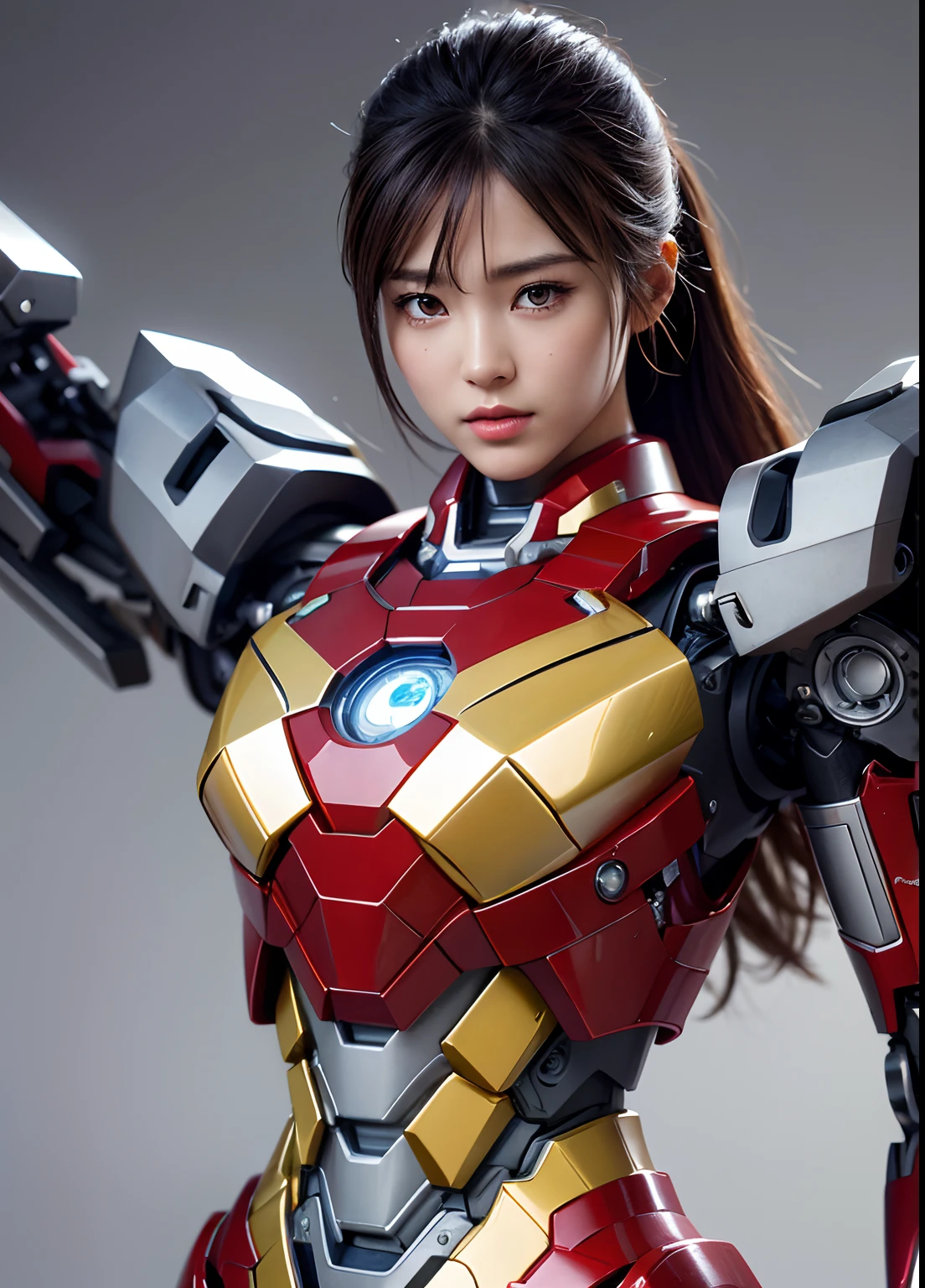 Textured skin, Super Detail, high details, High quality, Best Quality, hight resolution, 1080p, hard disk, Beautiful,(Iron Girl),Beautiful Smile,beautiful cyborg woman,Mecha Cyborg Girl,Battle Mode,Girl with a Mecha Body,She wears an Iron Man mech,A powerful cyborg woman, sleek and futuristic, with advanced mechanical augmentations that enhance her strength and capabilities