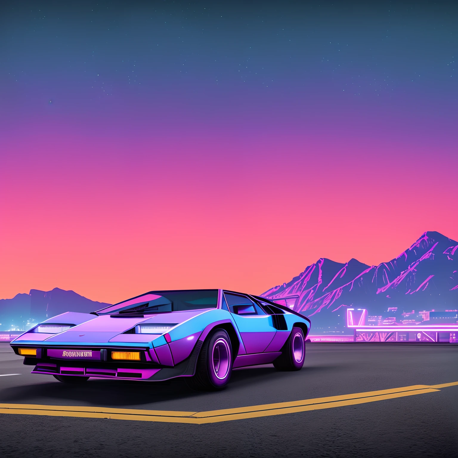 retrowave. 1982 lamborghini countach 500 S model on the road road,  purple neon lights, sun, mountain, 
(masterpiece,detailed,highres), (nvinkpunk: 1.2) supercarro, solo, estilo snthwve, onda de luz, sun sunset, intrincada, altamente detalhada