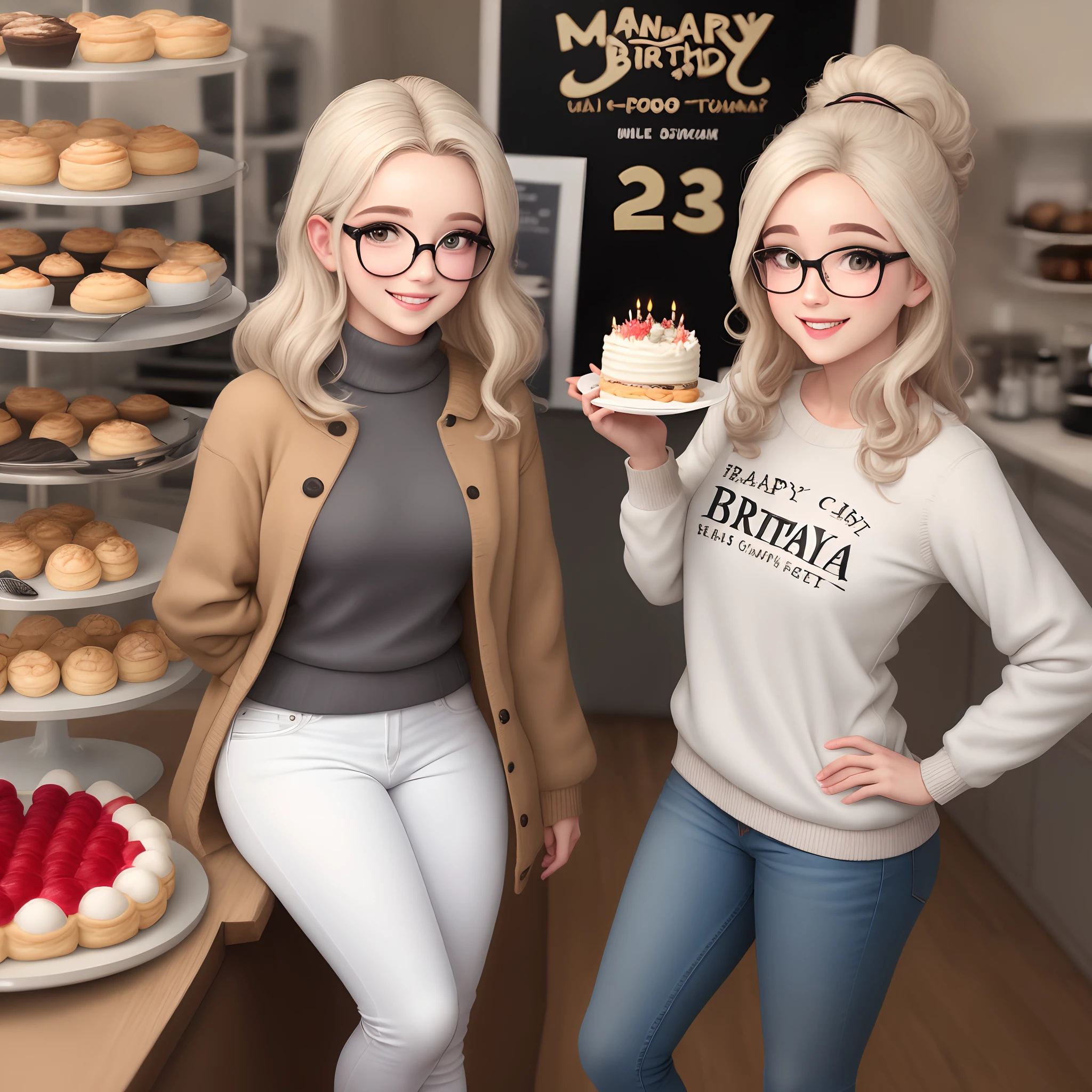 Create a Disney-style poster featuring a 23-year-old female character, Behind the rounded glasses, para mulheres, cabelos cor castanho claro na altura do ombro, sorriso feliz, queixo pequeno, . o cabelo deve ser cacheado e a franja separada ao meio Caiu um pouco dos ombros. Roupa casual, Horizontal white striped black sweater and white jeans and sneakers. Holding a small birthday cake in a pastry kitchen.