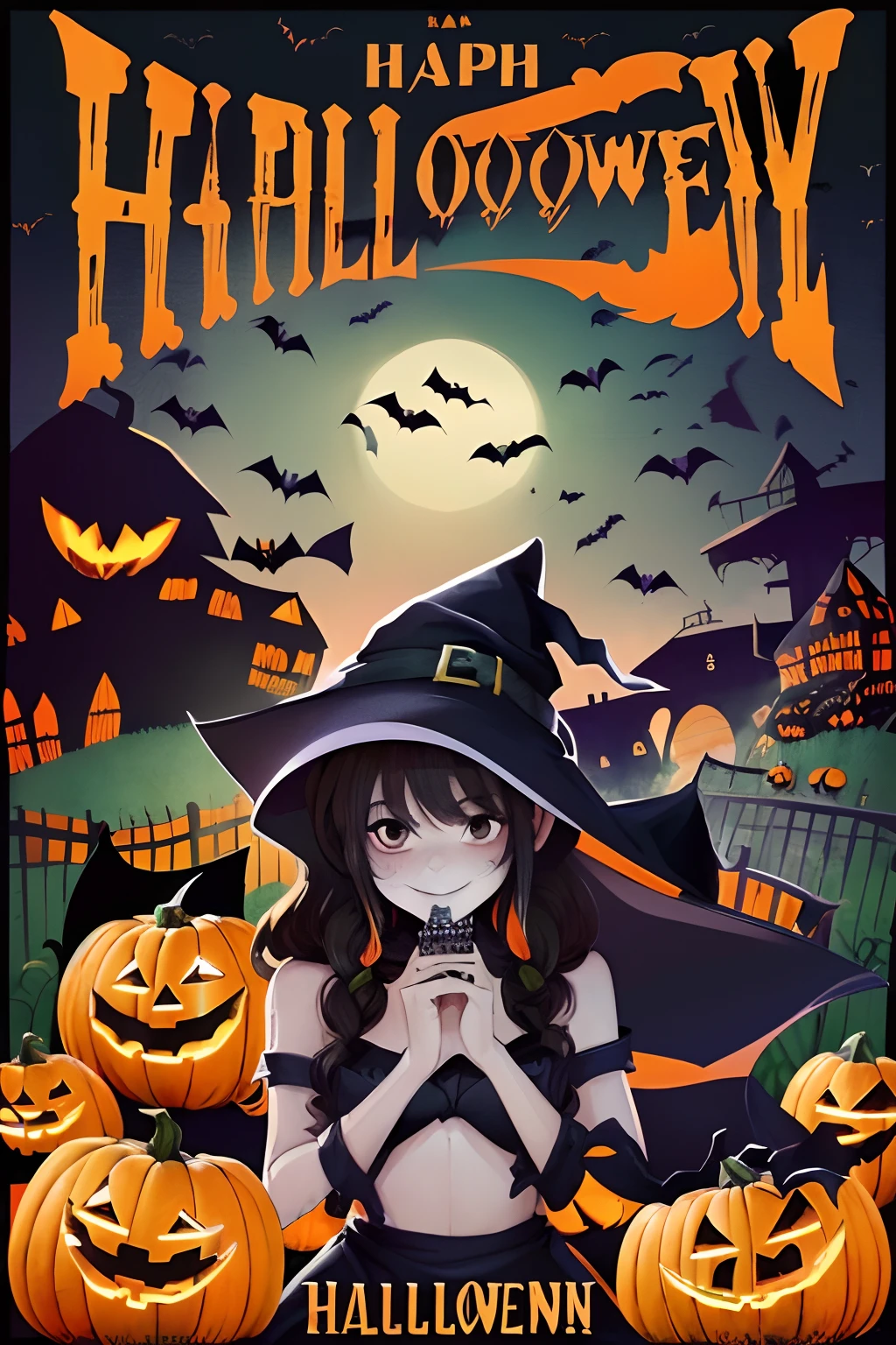 1girl, very detailed, gothic, witch, with hat, black hair, black dress, long hair, green eyes, witch brrom in hand, grin, spooky, halloween, pumpkin lantern, skeletons, bats, owl, moon, trees, road, fence, graveyard, zombie