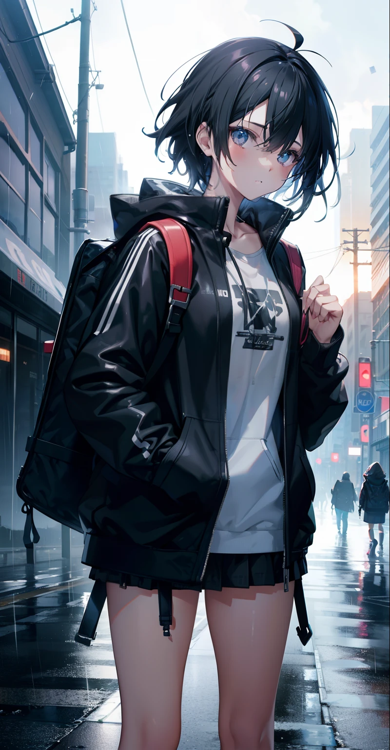 1girl, jacket, rain, outdoors, sweatshirt, open jacket, chain, backpack, looking at each other, messy hair, artstation trend, 8k resolution, highly detailed, anatomically correct, sharp image, digital painting, concept art, trend pixiv, styled by Makoto Shinkai,