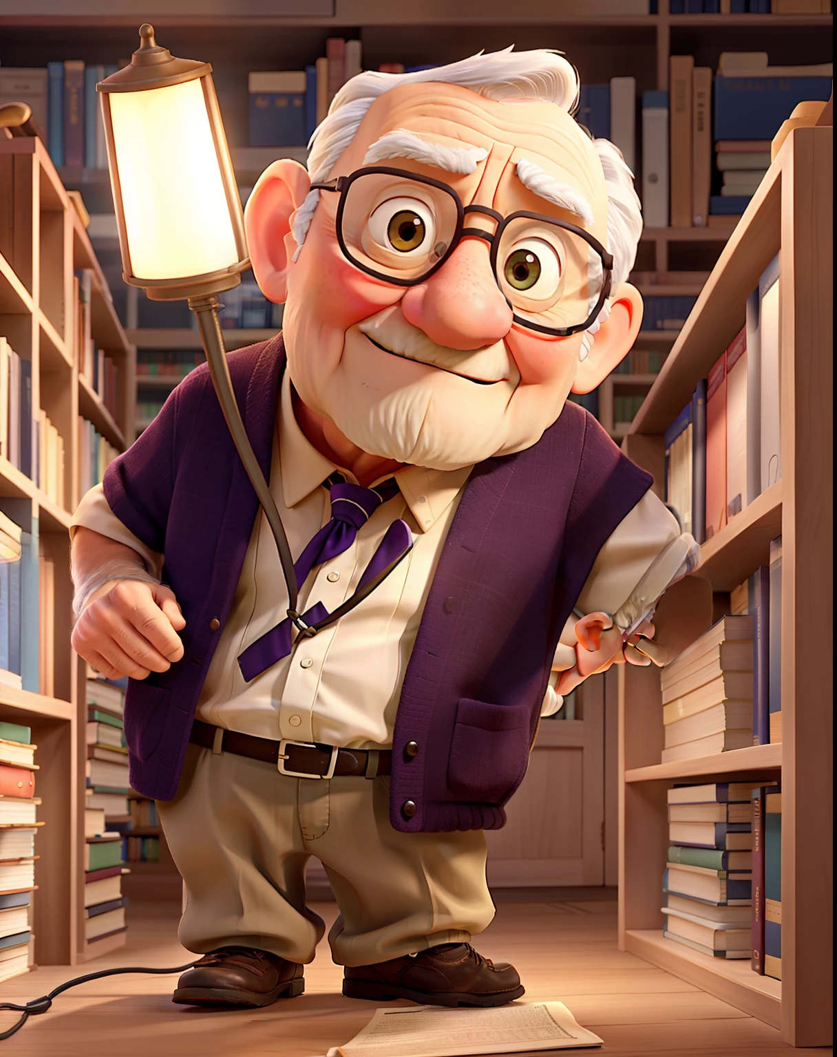 A wise old man standing in front, illuminated by the light of a lamp, against the backdrop of a library