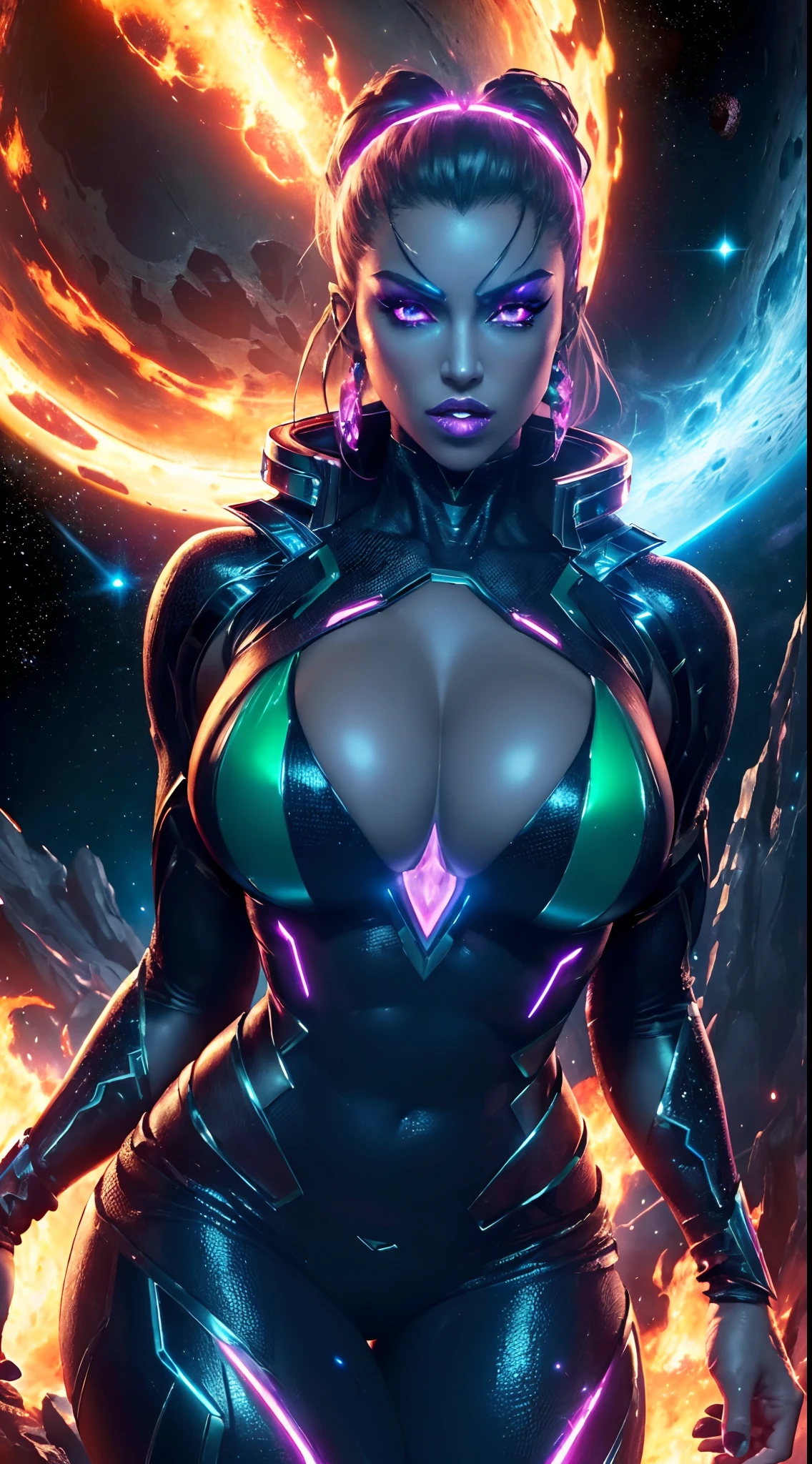 ((masterpiece)), ((8k resolution)), ((a female super villian)), huge, sexy clothes, glowing eyes, in space planet, muscular, strong, (((4k))), ((((highly detailed)))), strong, aura, glow, neon, fire, destruction, weapons, crystals, sexy, seductive, hot, tongue out