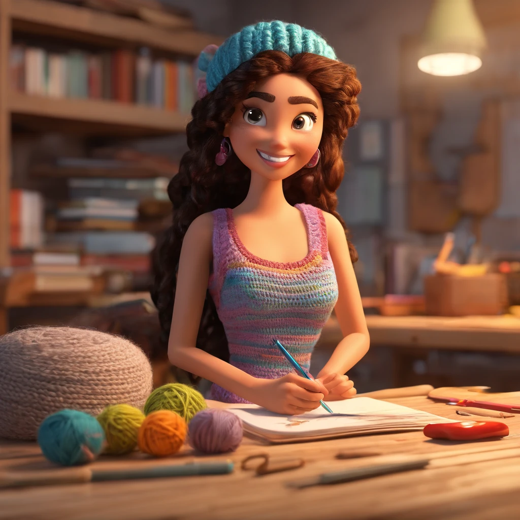 View sitting in a workshop crocheting, A woman with long straight dark brown hair with crochet hook and threads in her hands, brown eyes, wide smile, braces on her teeth, ao fundo uma estante com amigurumis e novelos de linhas
