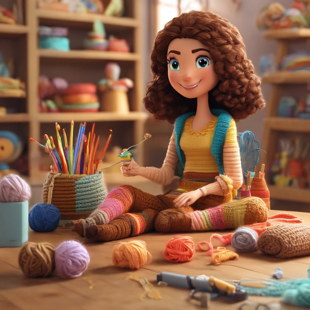View sitting in a workshop crocheting, A woman with long straight dark brown hair with crochet hook and threads in her hands, brown eyes, wide smile, braces on her teeth, ao fundo uma estante com amigurumis e novelos de linhas