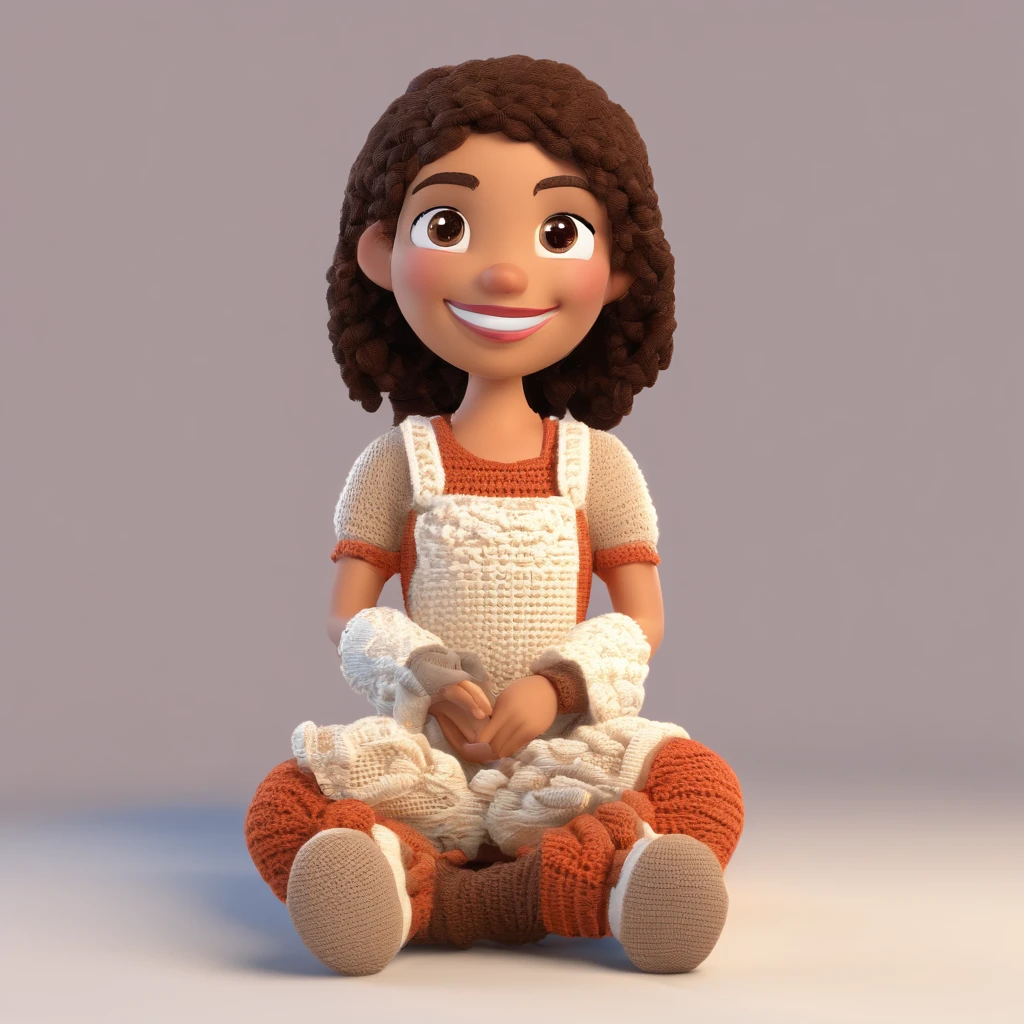View sitting in a workshop crocheting, A woman with long straight dark brown hair with crochet hook and threads in her hands, brown eyes, wide smile, braces on her teeth, ao fundo uma estante com amigurumis e novelos de linhas