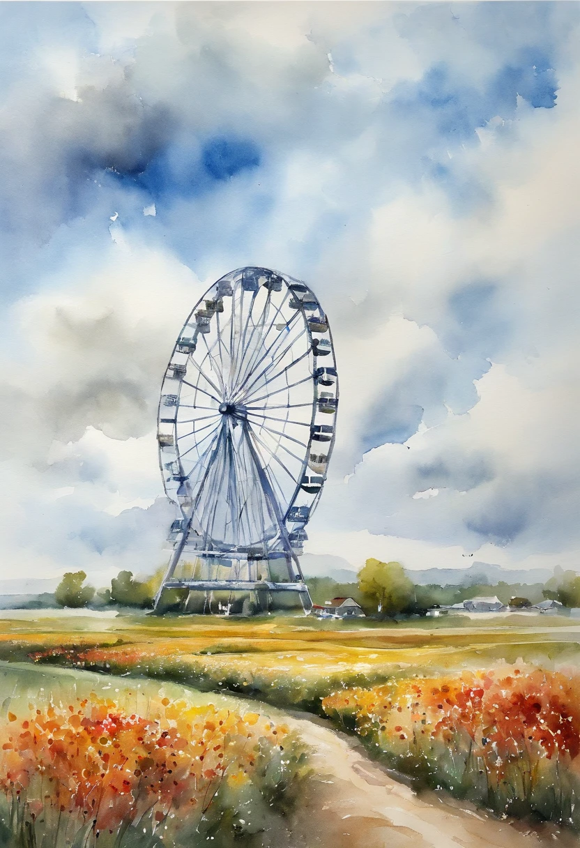 White clouds and blue sky，Flower fields under the Ferris wheel