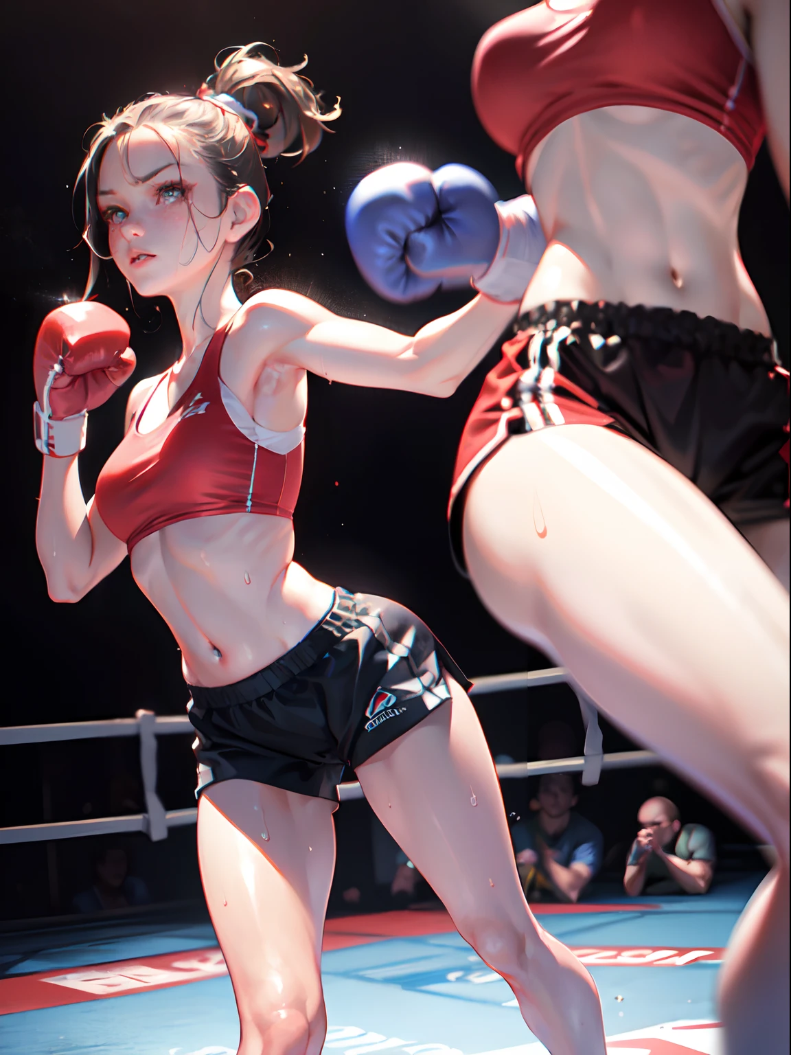 Best Quality, masutepiece, High resolution, (Photorealistic:1.4), Raw photo, 1 beautiful girl ,Dynamic Angle,Female boxer ,small head, nice legs,Glowing skin, Sweat,At the boxing venue,(Detailed beautiful face:1.4),detailed skins,Detailed eyes,detailed hairs,straight punch a fist,Cute Girl,Pretty