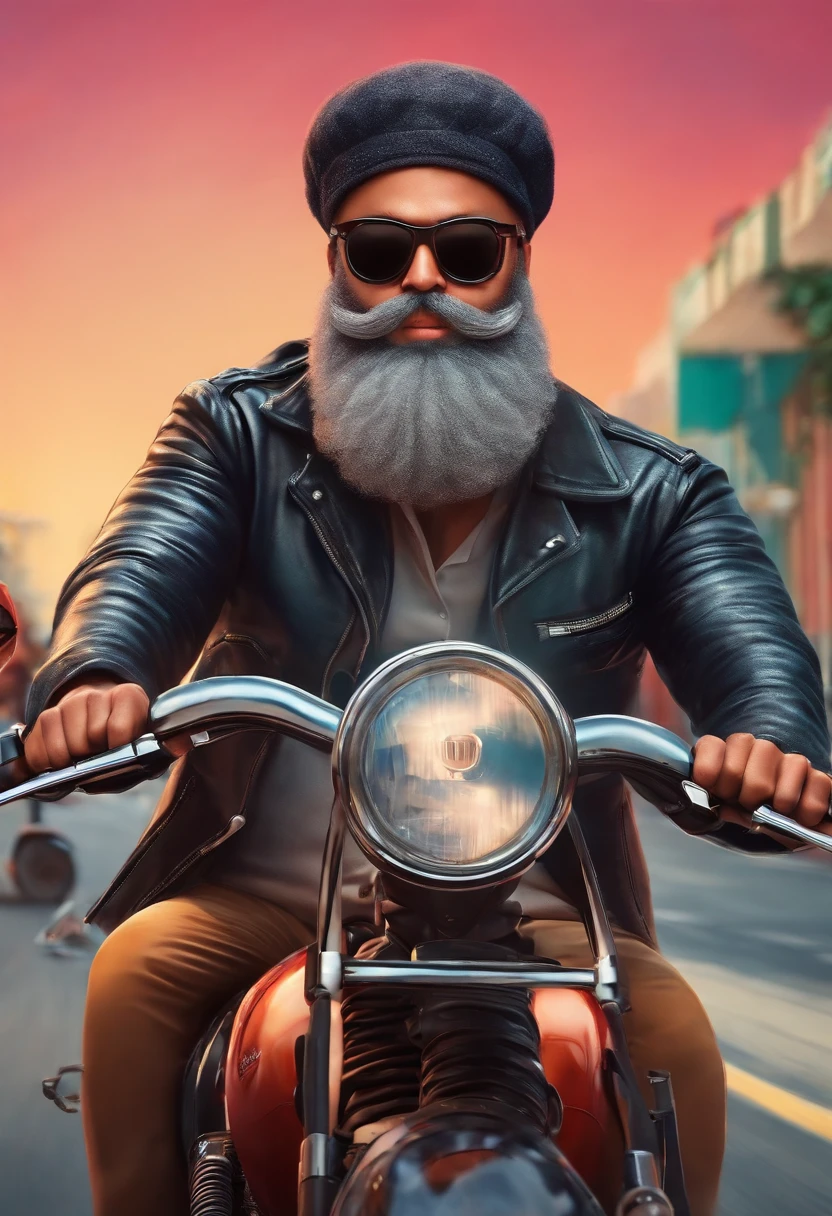 a 3D Disney Pixar style poster of a man with a beard and sunglasses, pilotando uma Drag Star 650 em um passeio de motocicleta