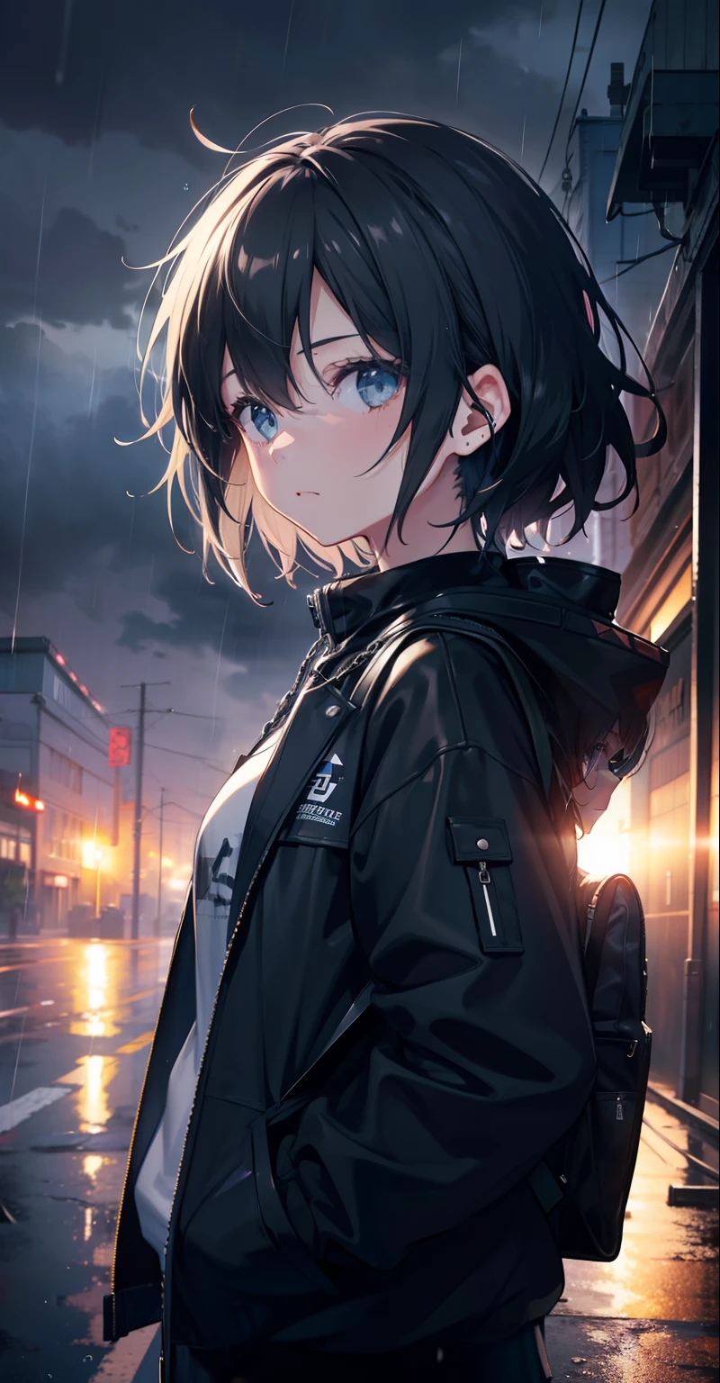 1girl, jacket, rain, outdoors, sweatshirt, open jacket, chain, backpack, looking at each other, messy hair, artstation trend, 8k resolution, highly detailed, anatomically correct, sharp image, digital painting, concept art, trend pixiv, styled by Makoto Shinkai,