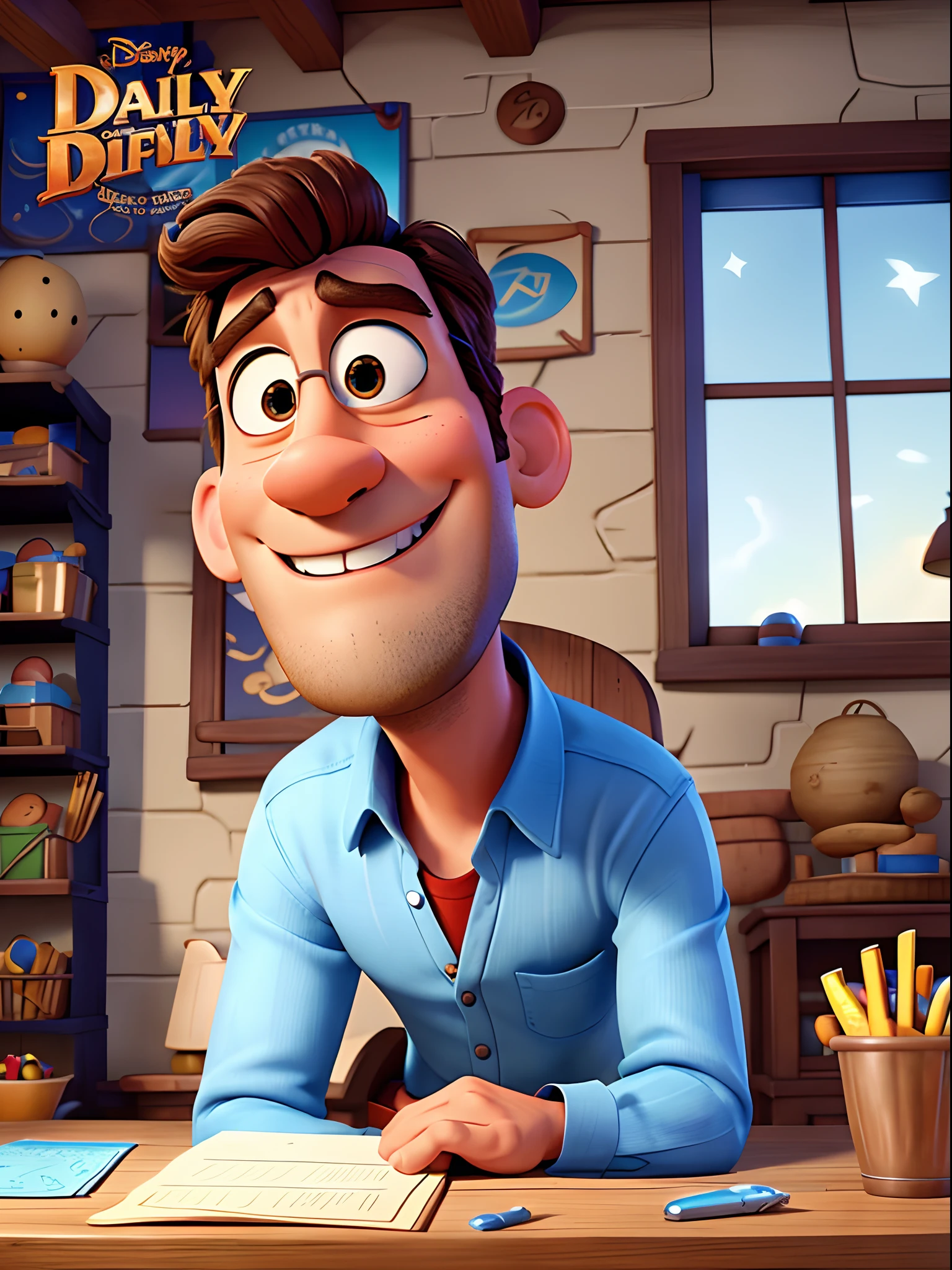 Disney Pixar Movie poster with text "Daily Challenge", handsome man look seriously, doing task on table, check box, masterpiece