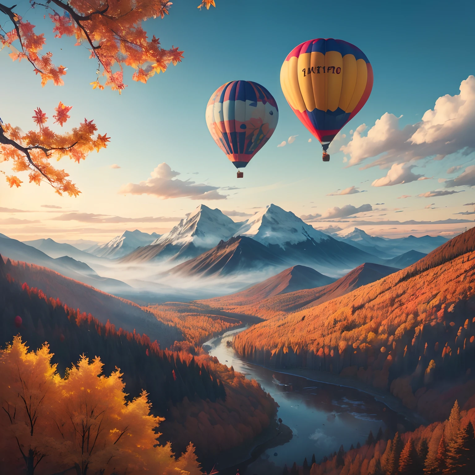 (Best quality,4K,8K,A high resolution,Masterpiece:1.2), (Blue hot air balloon,Cartoon piggy pattern on a balloon ),Breathtaking autumn, Romantic clouds,The mountain is overgrown with maple trees,Colorful maple leaves,