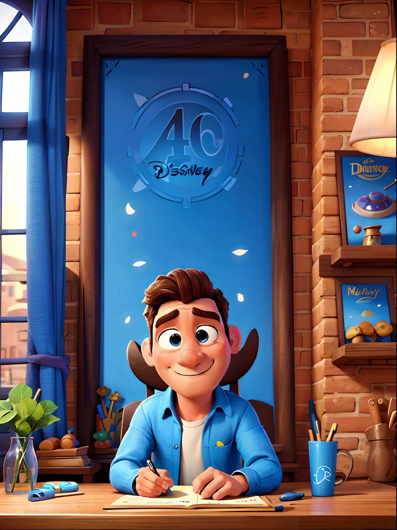 Disney Pixar Movie poster with text "Daily Challenge", handsome man look seriously, doing task on table, check box, masterpiece