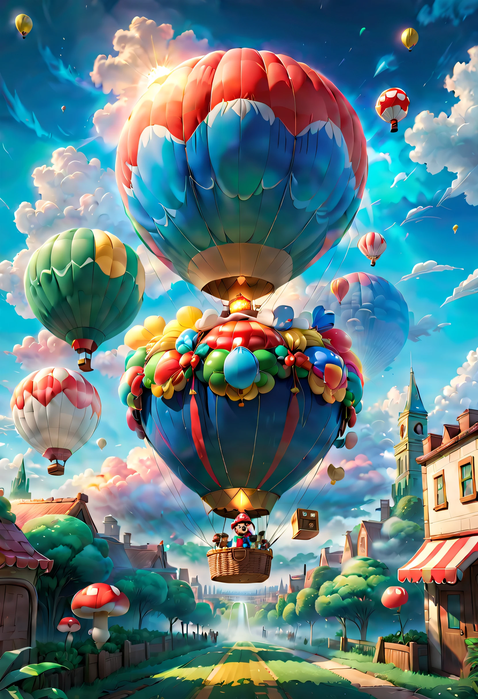 In a brilliant and colorful sky，A huge hot air balloon floats slowly。This hot air balloon look is completely inspired by the game world of Super Mario，Decorated with Mario、Luigi、Iconic motifs such as mushrooms and gold coins。The hot air balloon itself comes in a vivid red and blue hue，Presents a vibrant visual effect。Its base is adorned with elements of the classic Mario background，Such as grass、Clouds and water pipes。The basket of the hot air balloon is made up of blocks from the Mario series，Each square displays a different pattern and color，Creates a pixelated feel。In the cabin of a hot air balloon，There is a transparent dome，Passengers are able to enjoy a stunning 360-degree view。There is also a small roof on top of the dome，The shape resembles a mushroom，It's like jumping out of the game world。The roof is inlaid with lights in the shape of gold coins，At night，Shimmering with a warm and soft glow。The hot air balloon rises slowly，Drive through a wide blue sky and white clouds。The sun shines on the clouds，A gentle breeze blows the hot air balloon，It gives a feeling of lightness。Cute birds are flying in the surrounding sky，It seems to be captivated by this wonderful sight as well。 in distance，A splendid and colorful city can be seen，The buildings of the city are dotted with motifs from the Super Mario series，Adds a fairytale magic to the whole scene。Pedestrians rush on city streets，Vehicles weave through it，Soft clouds and brightly colored RGB color palettes, (Ghibli-like colors, Cinematic lighting, first person perspective, angle of view, in a panoramic view, Ultra-wide angle, hyper HD, Anatomically correct, Masterpiece, ccurate, Award-Awarded, Best quality)