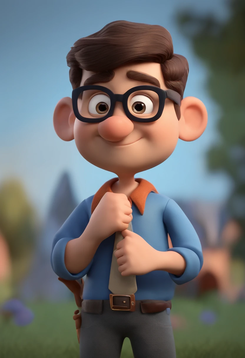 Cartoon character of a man wearing black glasses and a blue shirt, um personagem animado, Caractere estilizado, animation style rendering, 3D estilizado, Arnold Maya render, 3 d render stylized, toon render keyshot, Personagem 3D, Personagem 3D, 3d rendering stylized, 3 d character render, personagem de desenho animado, Personagem de close up, Pose de personagem, (Estilo Pixar) (master part:1.2) (Bokeh) (best quality) (pele detalhada) (textura detalhada) (8k) (argila) (Cinematic lighting) (foco nítido,Senta e vaza a parte superior do corpo