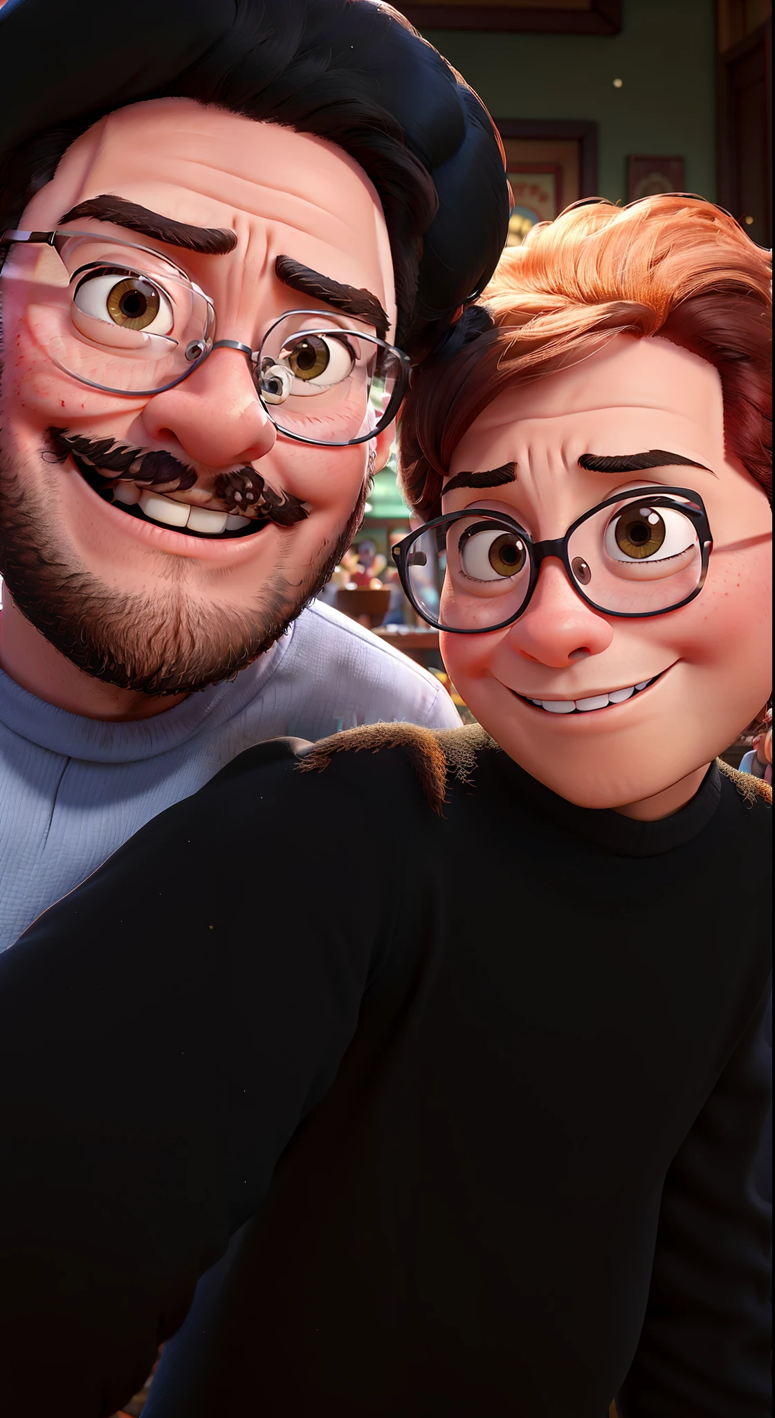 Pixar movie poster of a couple of young lovers taking a picture at the Chinese restaurant. A  tem cabelos claros e olhos castanhos, o meninoigode, Beard and glasses