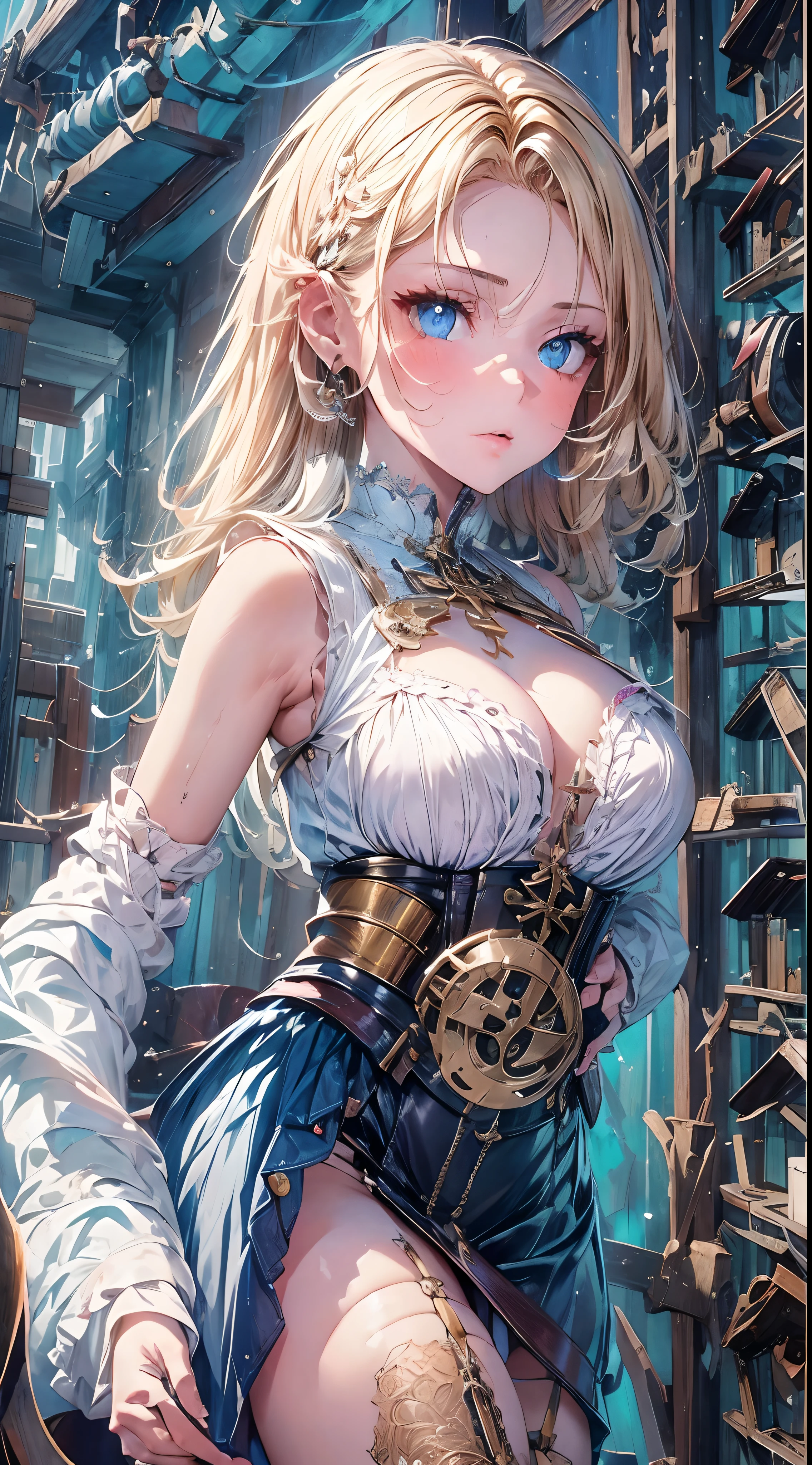 (((masterpiece)))、((top-quality))、(The ultra-detailliert)、(CG Illustration)、(Very Beautiful Little Girl))、Cinematic Light、((1 Mechanical Girl))、 scientific fiction、Apocalypse、?????? grotesque、research institute(Beautiful and indulgent:1.2)、(1girl in:1.3)、Facing the front,a blond,Corset Belt,blue high waist skirt,