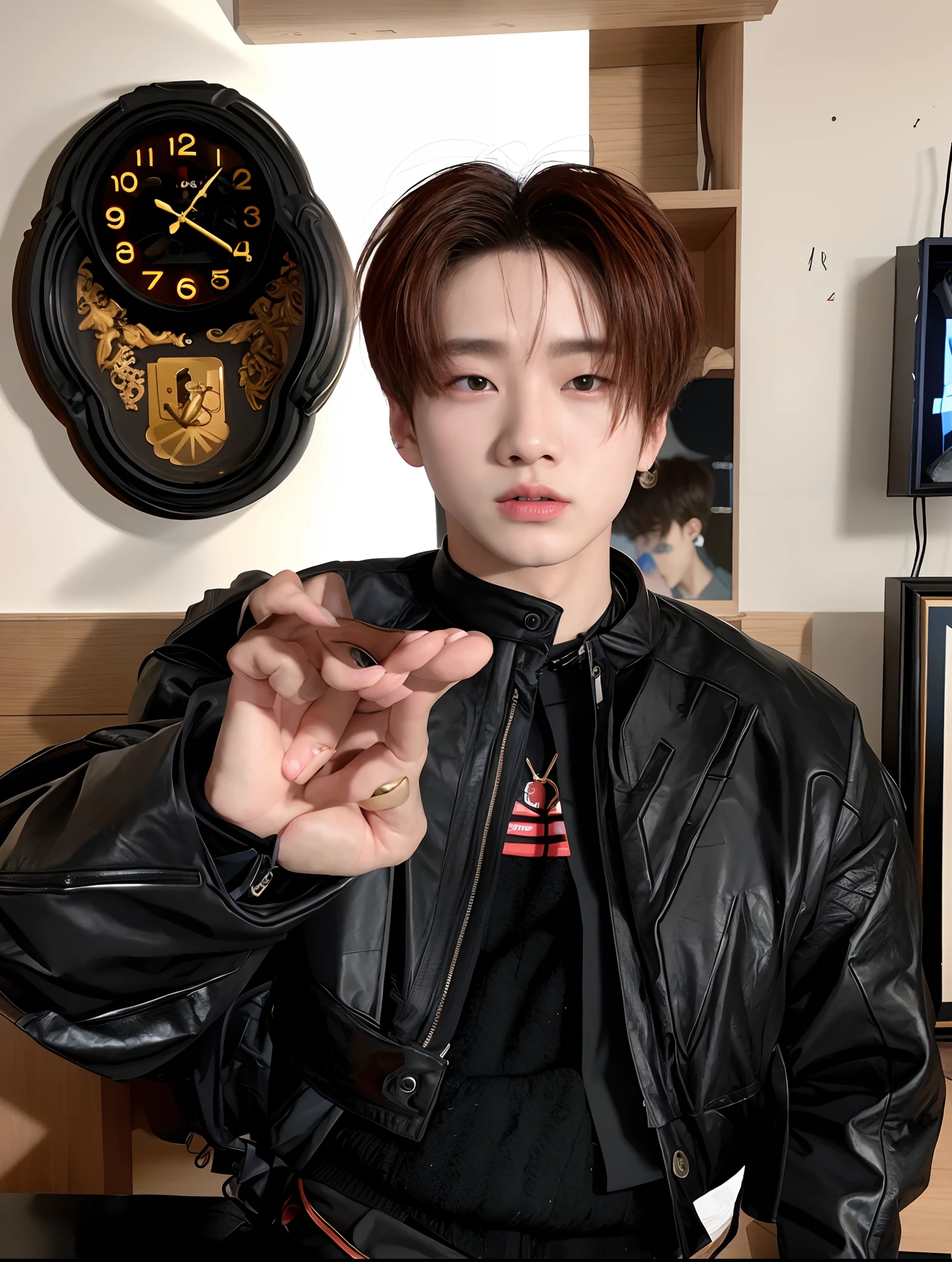 There's a man in a black jacket and a clock on the wall, Jung Jaehyun, Hyung Tae, Cai Xukun, bladee from drain gang, Jungkook, Retrato de Jossi de Blackpink, Yanjun Chengt, Jinyoung Canela, portrait of kpop idol, Hong June Hyung, TaeJune Kim, Kim Doyoung, clasps his bangs in one hand