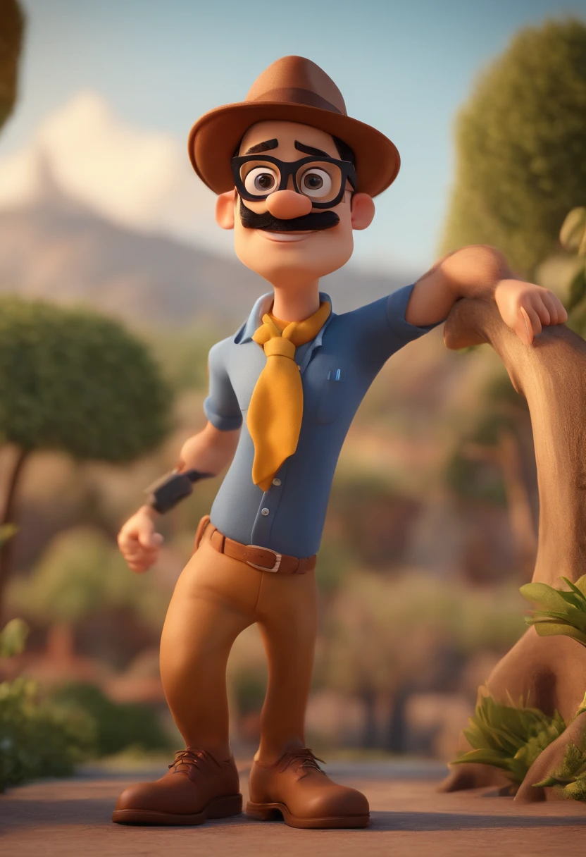 Cartoon character of a man wearing black glasses and a blue shirt, um personagem animado,rosto e corpo magro, bigode e cavanhaque, um cachorro amarelo, Caractere estilizado, animation style rendering, 3D estilizado, Arnold Maya render, 3 d render stylized, toon render keyshot, Personagem 3D, Personagem 3D, 3d rendering stylized, 3 d character render, personagem de desenho animado, Personagem de close up, Pose de personagem, (Estilo Pixar) (master part:1.2) (Bokeh) (best quality) (pele detalhada) (textura detalhada) (8k) (argila) (Cinematic lighting) (foco nítido