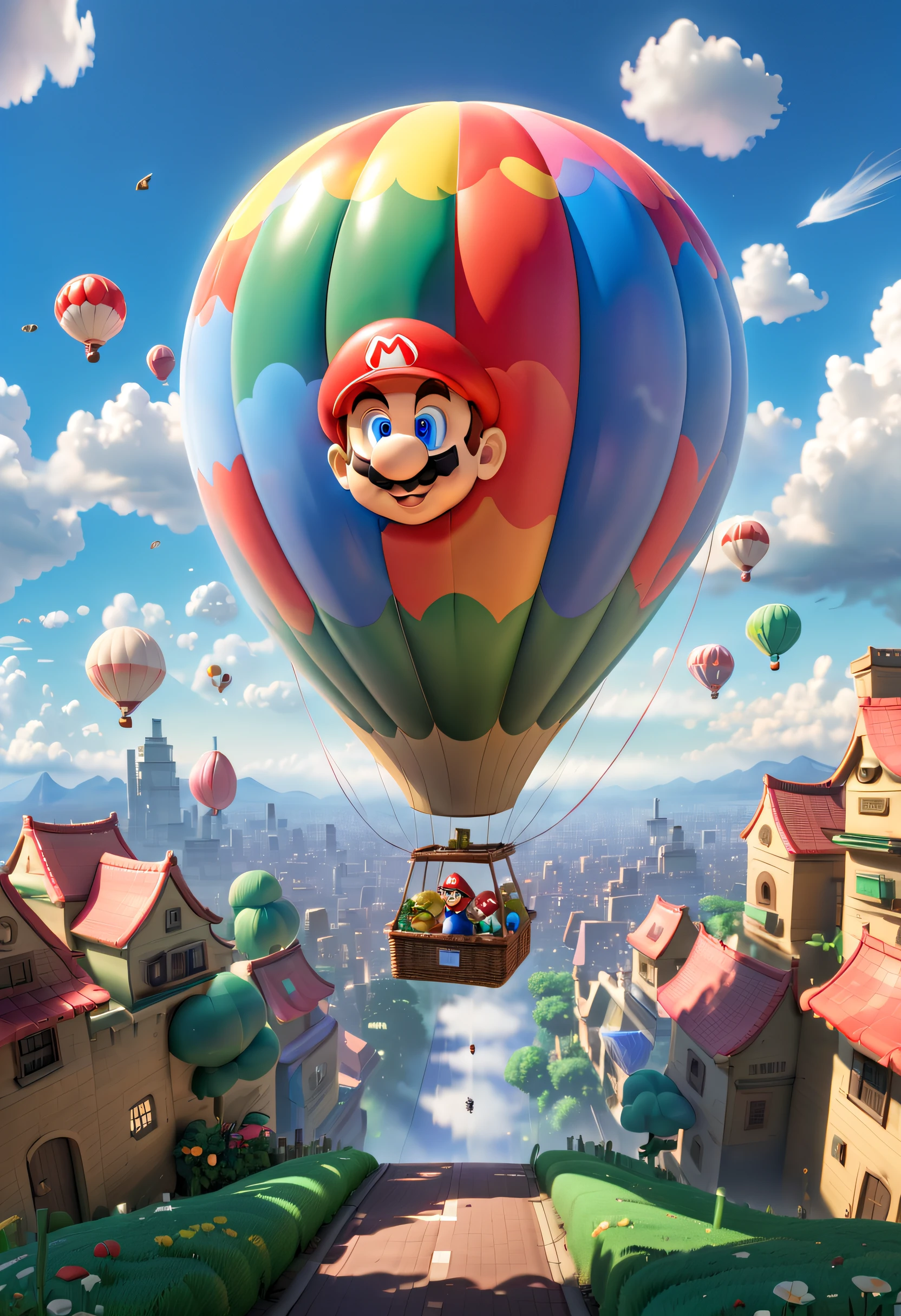 In a colorful sky, a giant hot air balloon floats gently. Inspired entirely by the world of Super Mario games, the balloon is adorned with iconic graphics such as Mario, Luigi, mushrooms, and coins. The balloon itself features vibrant shades of red and blue, presenting a visually energetic effect. Its bottom is decorated with classic Mario background elements, like grass, clouds, and pipes. The basket of the hot air balloon is made up of blocks from the Mario series, each displaying different patterns and colors, creating a pixelated feeling. Inside the balloon, there is a transparent dome that allows passengers to enjoy a 360-degree magnificent view. On top of the dome, there is a small roof shaped like a mushroom, as if it jumped out of the game world. Gold coin-shaped lights are embedded in the roof, twinkling with warm and soft light at night.
The hot air balloon slowly rises, passing over a vast expanse of blue sky and white clouds. Sunshine spills on the clouds, and the gentle wind caresses the balloon, giving people a sense of lightness. Cute birds fly in the surrounding sky, seemingly attracted by this wonderful scene.
In the distance, one can see a colorful city, and the buildings in the city are decorated with graphics from the Super Mario series, adding a fairy tale-like magic to the entire scene. Pedestrians rush on the city streets, and vehicles shuttle among them. Soft clouds and vibrant RGB color palette accurately translate this Chinese content into English for intelligent AI to read, retaining the original format, punctuation, and parentheses, (Ghibli-like colors, Cinematic lighting, first person perspective, angle of view, in a panoramic view, Ultra-wide angle, hyper HD, Anatomically correct, Masterpiece, ccurate, Award-Awarded, Best quality)