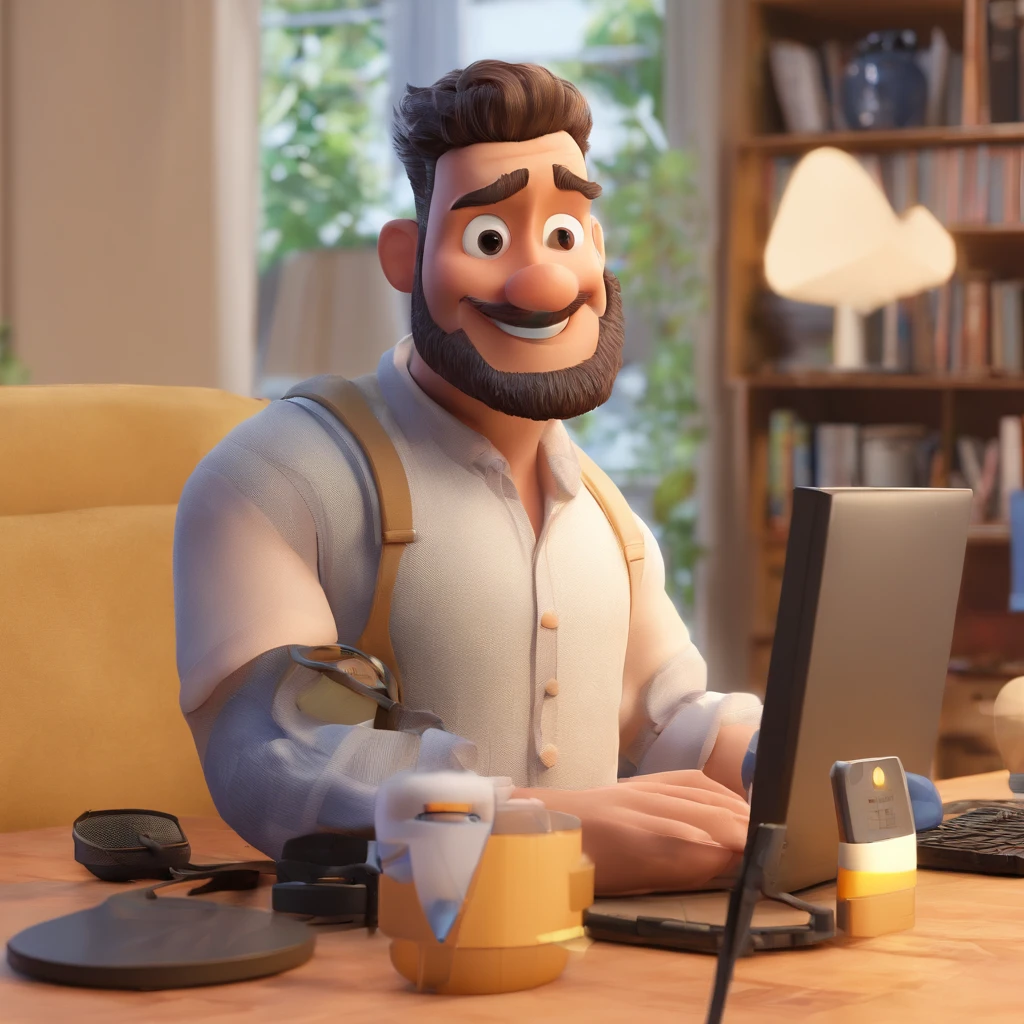 Criar um personagem no estilo Pixar. Trata-se de um homem de 30 anos, com barba, Branco, com cabelos castanhos curtos e um quiff, e olhos castanhos. Ele deve estar na frente de um computador, Trabalhar como designer