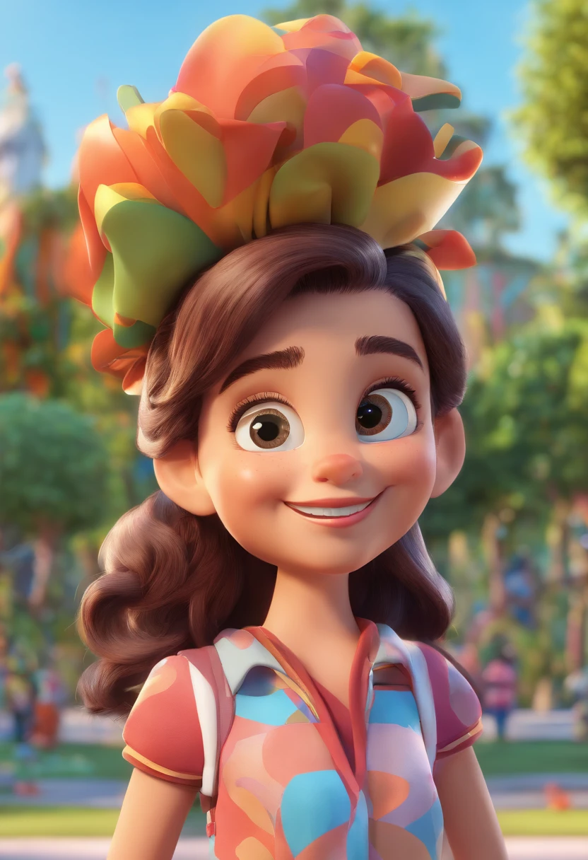 Personagem de desenho, menina de aproximadamente 8 anos de idade, cabelos marron, olhos castanhos,super feliz, segurando um celular e um saquinho de amendoim, in a park with several macaws in the background, ela veste uma camisa colorida, estilo Disney