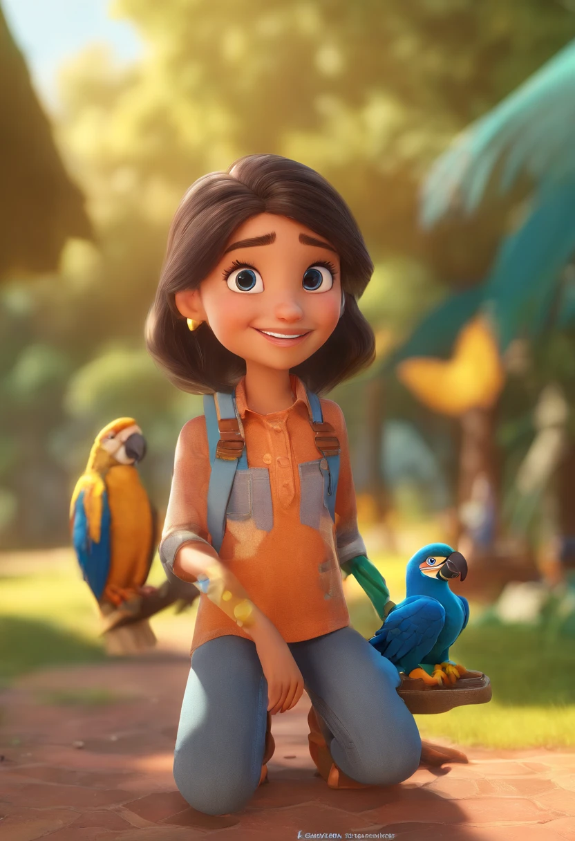 Personagem de desenho, menina de aproximadamente 8 anos de idade, cabelos marron, olhos castanhos,super feliz, segurando um celular e um saquinho de amendoim, in a park with several macaws in the background, ela veste uma camisa colorida, estilo Disney