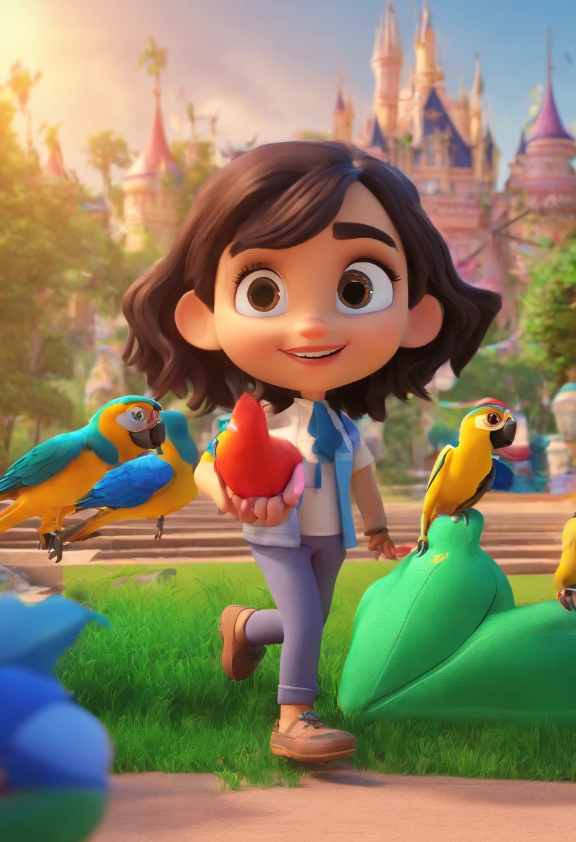 A woman with short curly hair, wearing a teal top and denim shorts, sitting in a colorful fantasy world with mythical creatures and enchanted castles.