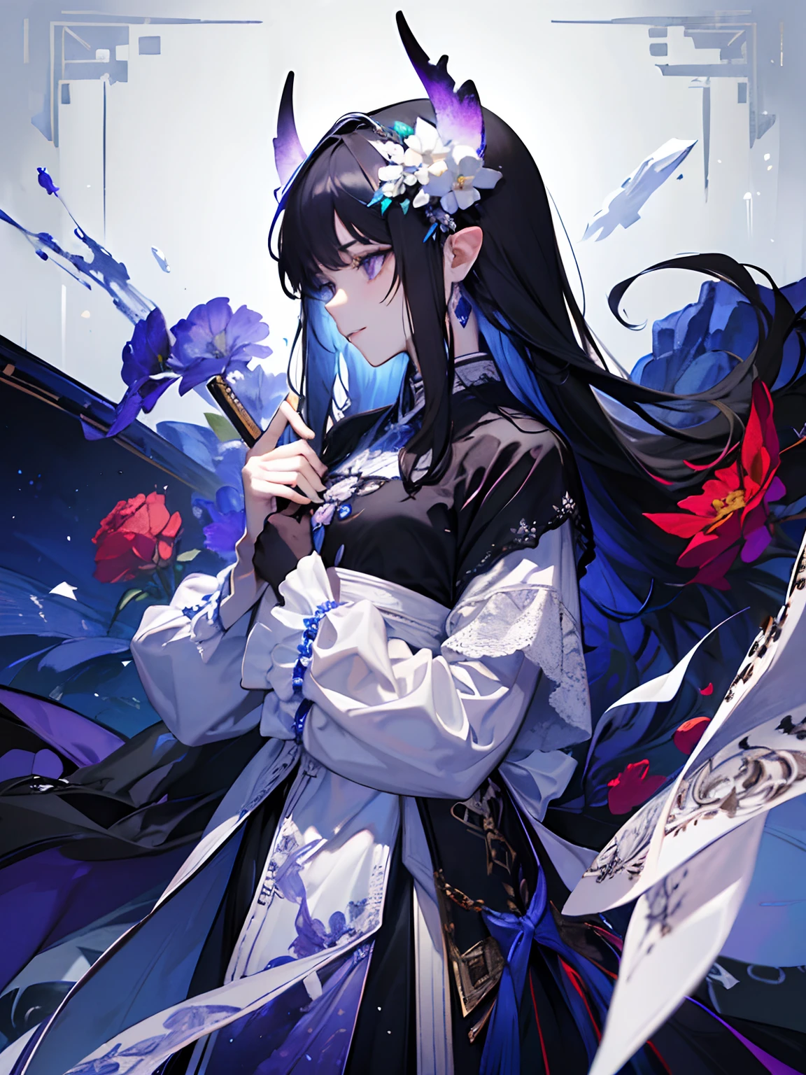 (masutepiece, of the highest quality, Best Quality, Official art, Beautiful and aesthetic: 1,2), ((1 man)), masculine, Elegant, Expressive eyes, (Fractal Art: 1,3), Colorful, Very detailed, (Perfect face), Half body, Looking at Viewer, Dutch Angle, Cowboy Shot, (Long Black Hair), Ponytail, (Purple eye color), Long elves like ears, Two long demon horns on the head, leather armor, Clothing for the Middle Ages, Assassin, Short Knife, lightsmile, nffsw, (White Gold Line: 1,2), intergalactic, (Lichtreifen), Eye-catching graphics, (Dynamic Stripe, Luminous traces: 1,2), vivd colour, (phoenix), (drak), (Referenzblatt:1.5)