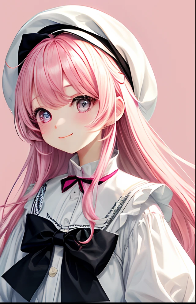 girl with、No background、Background white、Through the background、Pink hair、Pink hair、Long、The long-haired、Pink eyes、highlight in eyes、White cap、White beret、frilld、Black and white long-sleeved dress、bow ribbon、kawaii、childish、animesque、Smiling、without background