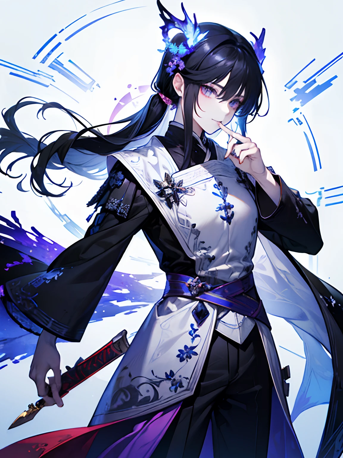 (masutepiece, of the highest quality, Best Quality, Official art, Beautiful and aesthetic: 1,2), ((1 man)), masculine, Elegant, Expressive eyes, (Fractal Art: 1,3), Colorful, Very detailed, (Perfect face), Half body, Looking at Viewer, Dutch Angle, Cowboy Shot, (Long Black Hair), Ponytail, (Purple eye color), Long elves like ears, Two long demon horns on the head, leather armor, Clothing for the Middle Ages, Assassin, Short Knife, lightsmile, nffsw, (White Gold Line: 1,2), intergalactic, (Lichtreifen), Eye-catching graphics, (Dynamic Stripe, Luminous traces: 1,2), vivd colour, (phoenix), (drak), (Referenzblatt:1.5)