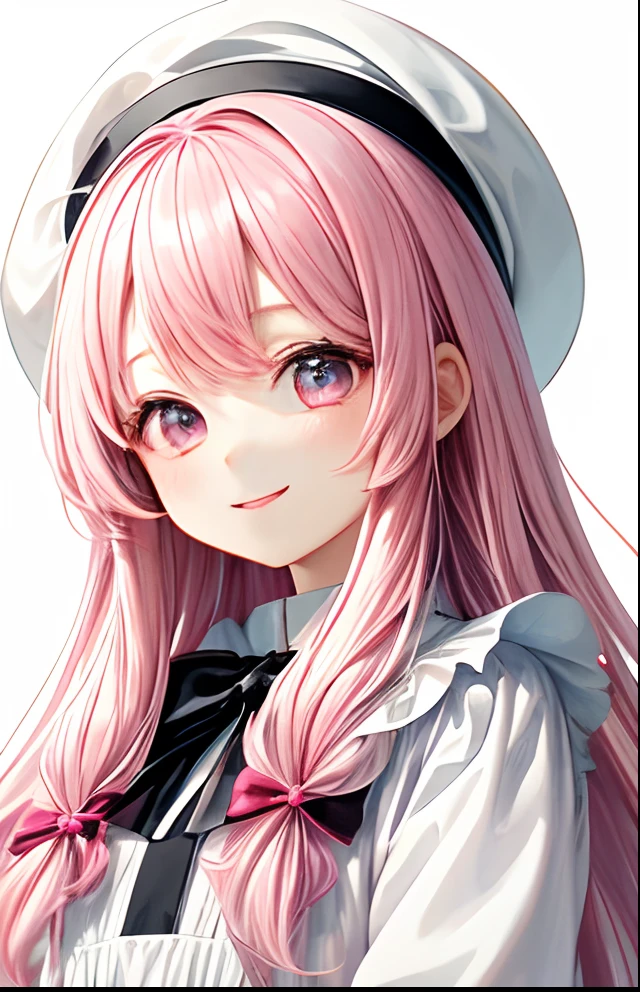 girl with、No background、Background white、Through the background、Pink hair、Pink hair、Long、The long-haired、Pink eyes、highlight in eyes、White cap、White beret、frilld、Black and white long-sleeved dress、bow ribbon、kawaii、childish、animesque、Smiling、without background