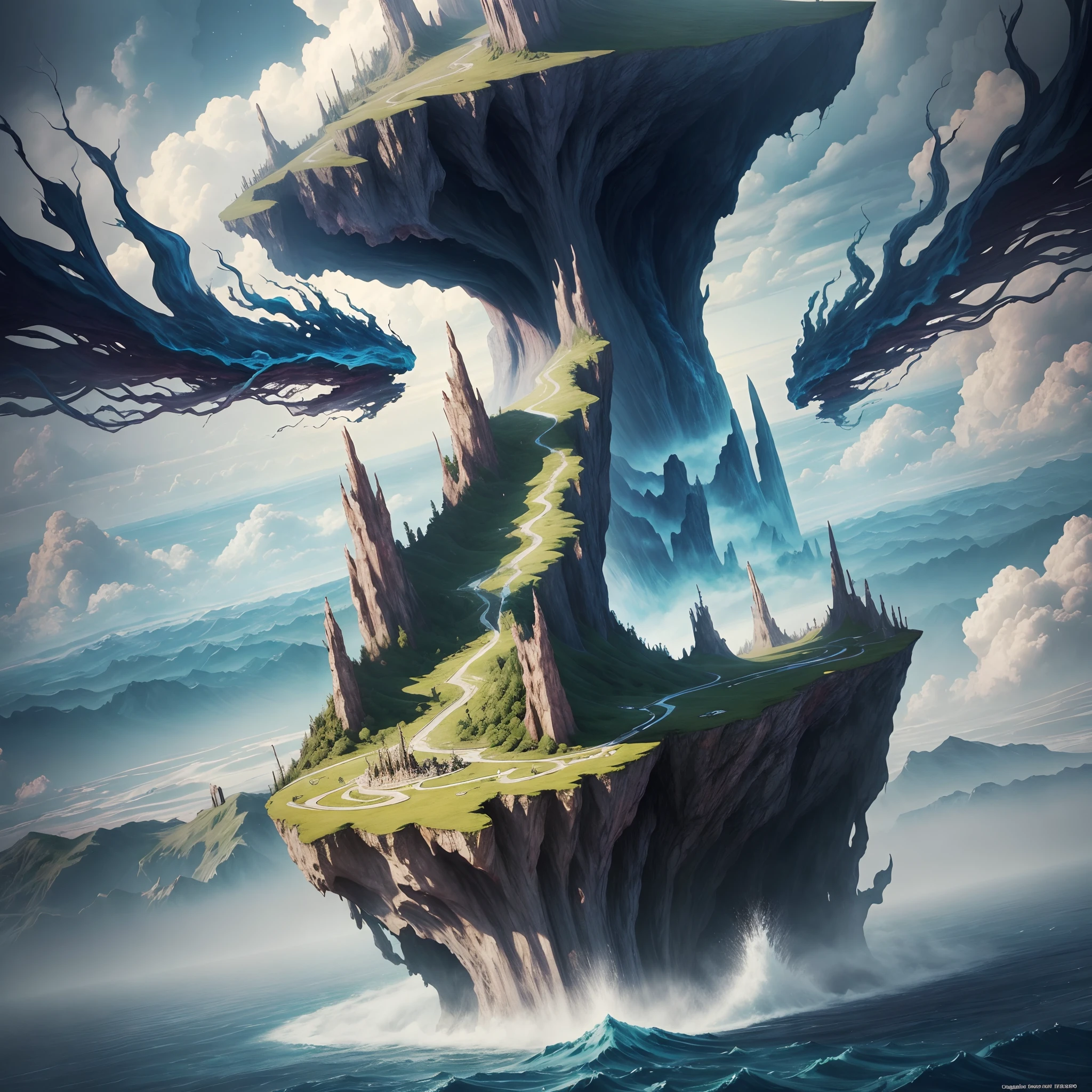 ((best quality)), ((masterpiece)), edge of chaos, (morphing reality:0.7), miraculous surreal landscape, floating islands, ethereal vortex, unbelievable fantastical creatures, masterpiece quality, mysteries of universe, whirlpool of energy, magical phenomenon, illusionary balance, ultra detailed, absurdres, composition, scale, perspective, scenery, light, color, texture, beauty, wonder, 8k, official art
