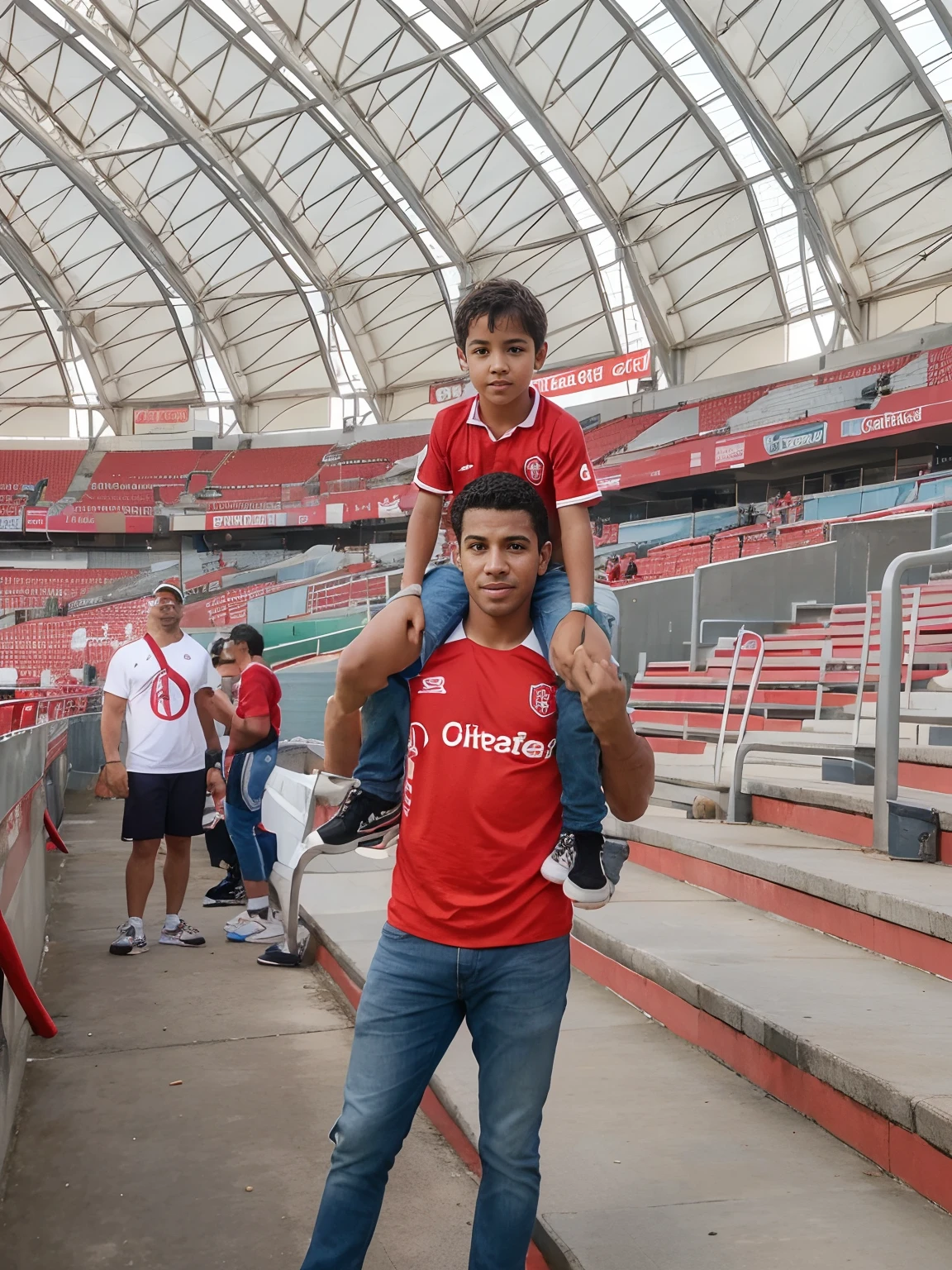 Boy, approximately 10 years old, wearing a Flamengo shirt celebrating a goal in a packed stadium