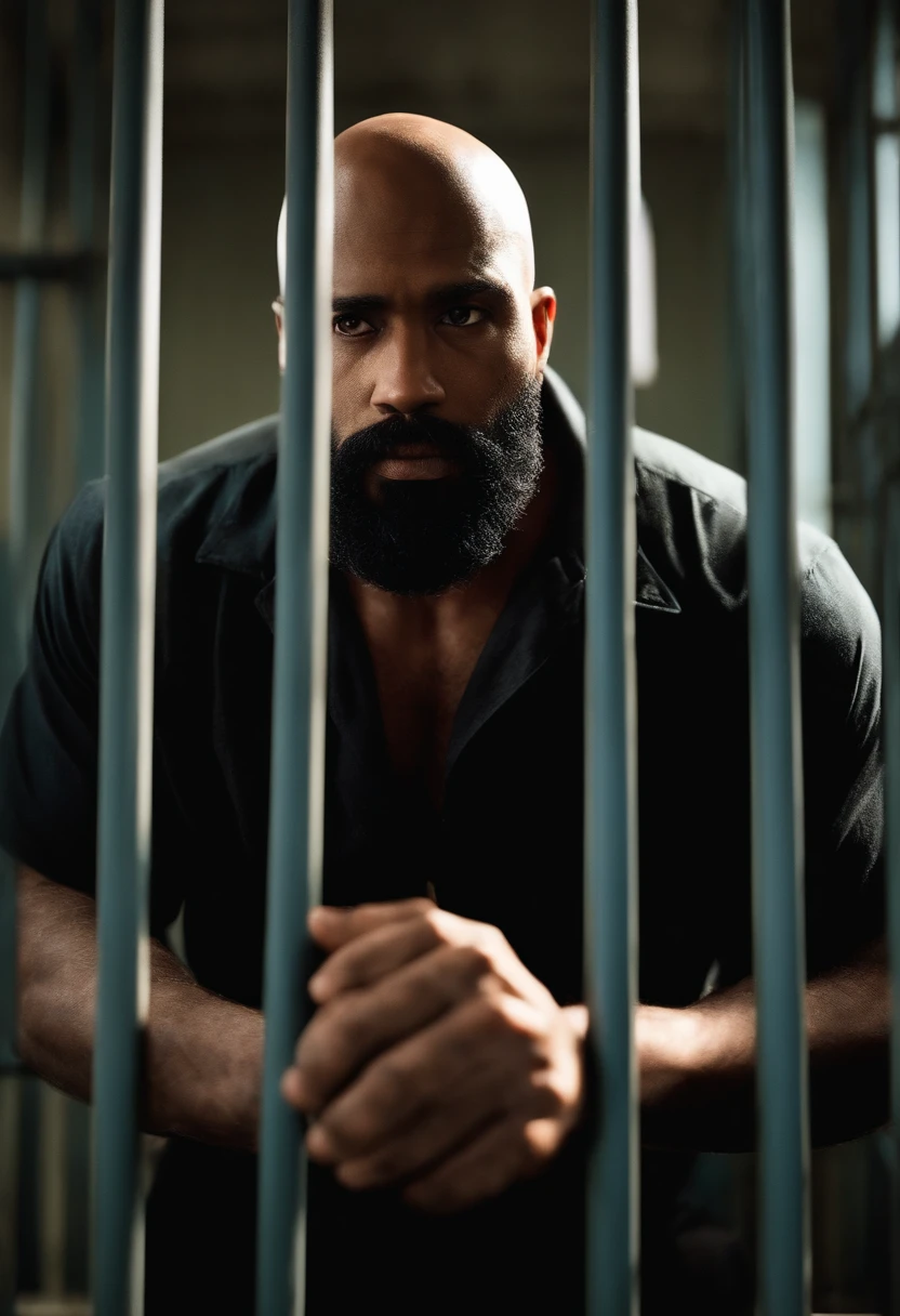 Quero uma foto de um homem negro, bald and bearded in prison that shows his face well while he is physically weak and behind bars Pixar style/disney