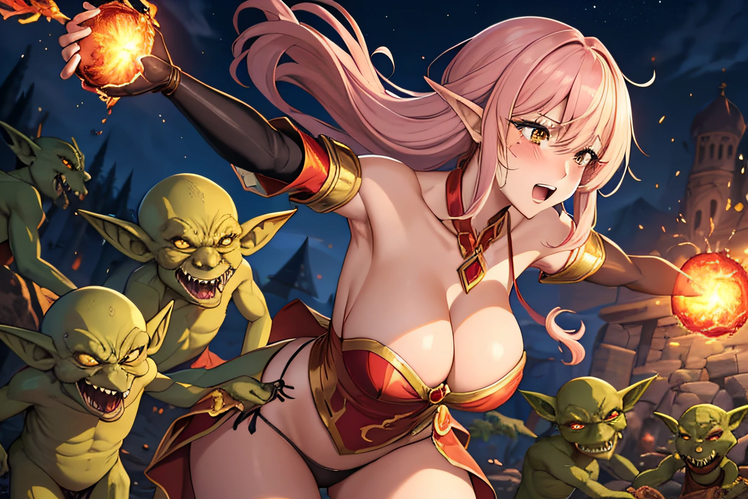 1 mature female,25yo,(female wizard surrounded and attacked by multiple goblins during a battle),estrus goblin,monster,(red blush,crying),(ripped gorgeous wizard dress),((fireball to goblins)),dynamic pose,dynamic angle,micro panties