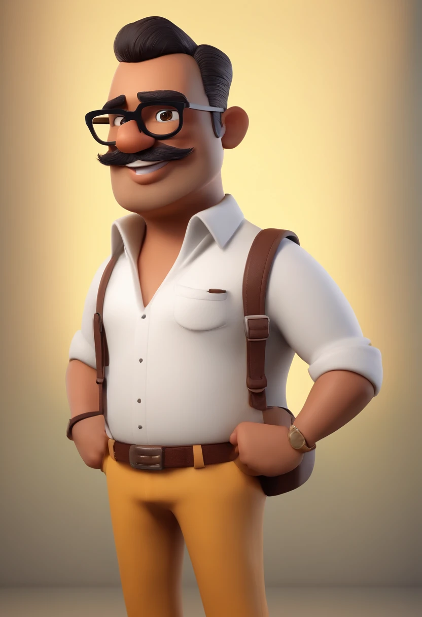 Cartoon character of a man wearing black glasses and a blue shirt, um personagem animado, rosto e corpo magro, bigode e cavanhaque, um cachorro amarelo, Caractere estilizado, animation style rendering, 3D estilizado, Arnold Maya render, 3 d render stylized, toon render keyshot, Personagem 3D, Personagem 3D, 3d rendering stylized, 3 d character render, personagem de desenho animado, Personagem de close up, Pose de personagem, (Estilo Pixar) (master part:1.2) (Bokeh) (best quality) (pele detalhada) (textura detalhada) (8k) (argila) (Cinematic lighting) (foco nítido