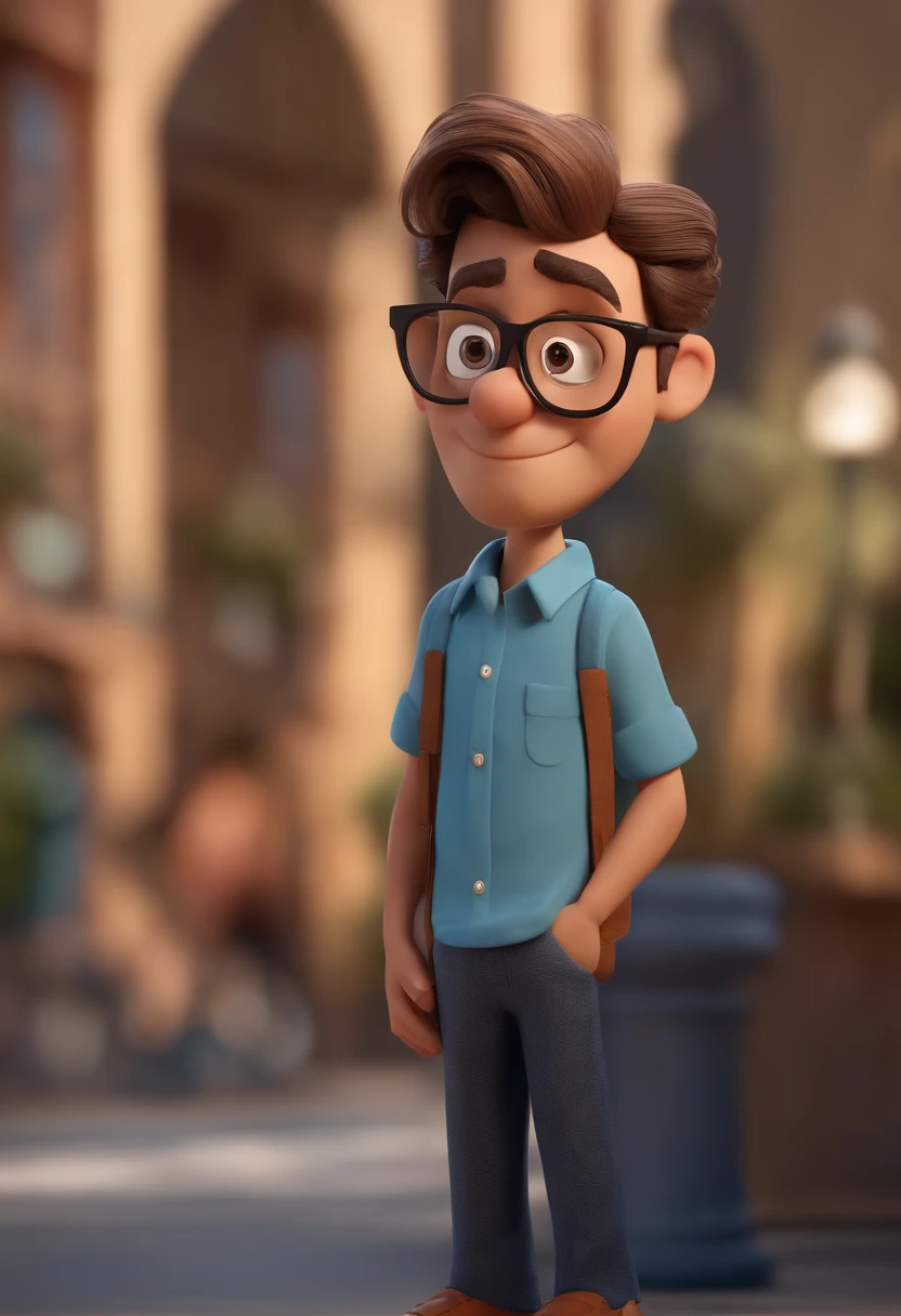 Cartoon character of a man wearing black glasses and a blue shirt, um personagem animado, rosto e corpo magro, bigode e cavanhaque, um cachorro amarelo, Caractere estilizado, animation style rendering, 3D estilizado, Arnold Maya render, 3 d render stylized, toon render keyshot, Personagem 3D, Personagem 3D, 3d rendering stylized, 3 d character render, personagem de desenho animado, Personagem de close up, Pose de personagem, (Estilo Pixar) (master part:1.2) (Bokeh) (best quality) (pele detalhada) (textura detalhada) (8k) (argila) (Cinematic lighting) (foco nítido